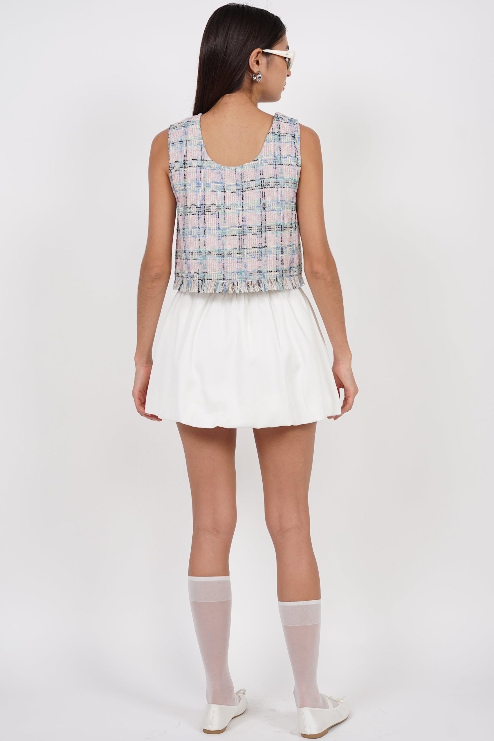 Sleeveless Tweed Fray Hem Top in Pink