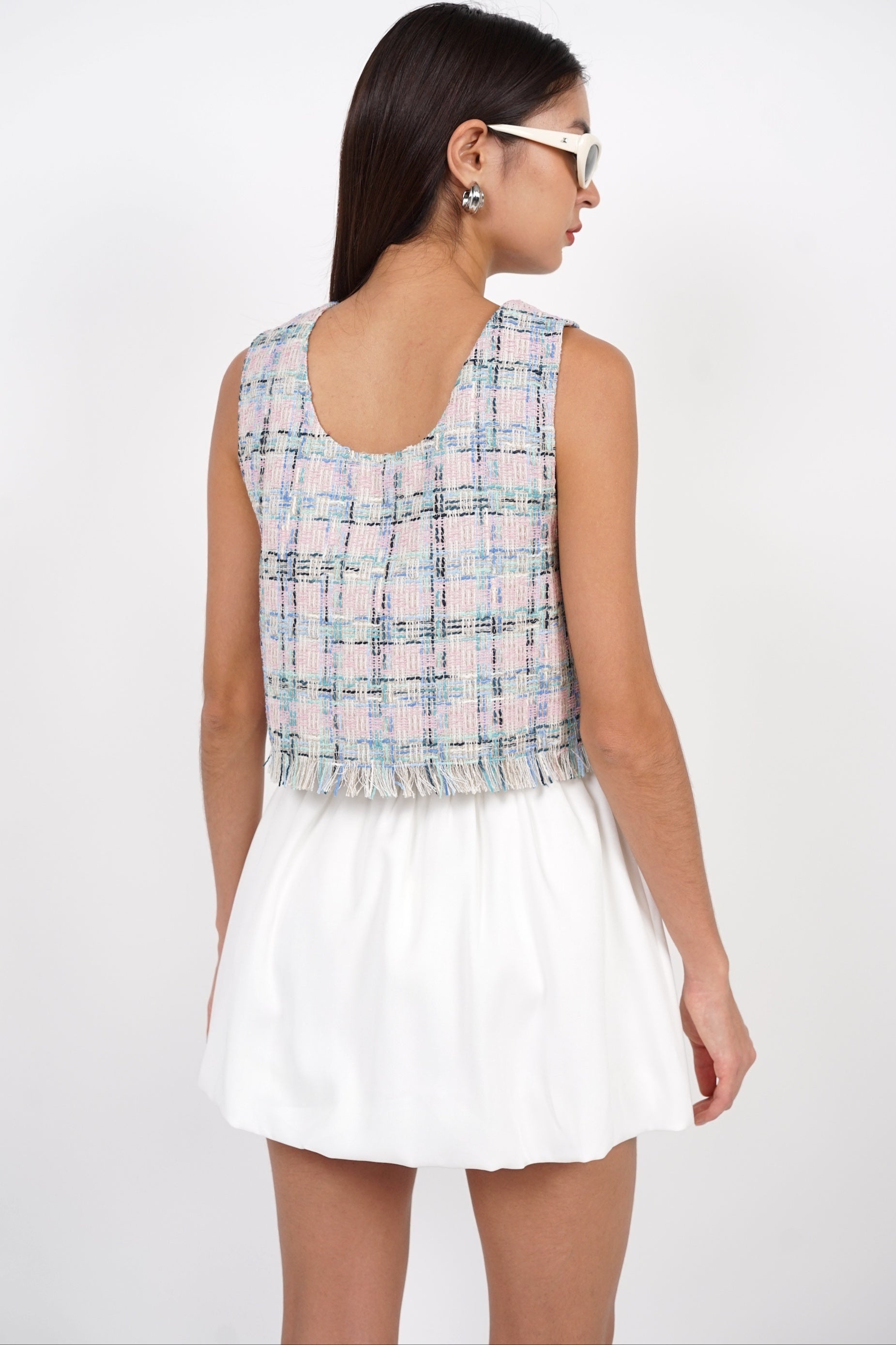 Sleeveless Tweed Fray Hem Top in Pink