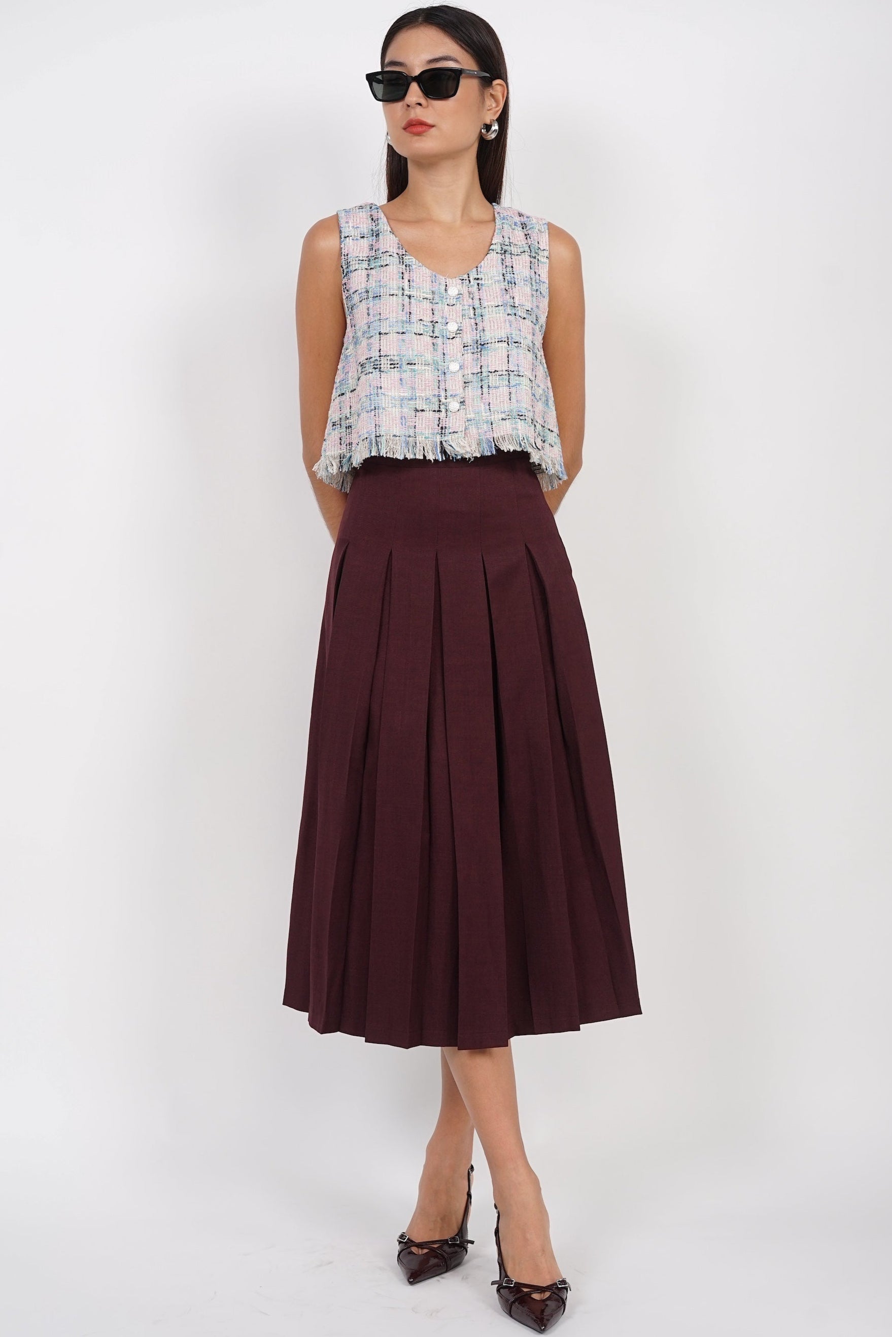Sleeveless Tweed Fray Hem Top in Pink