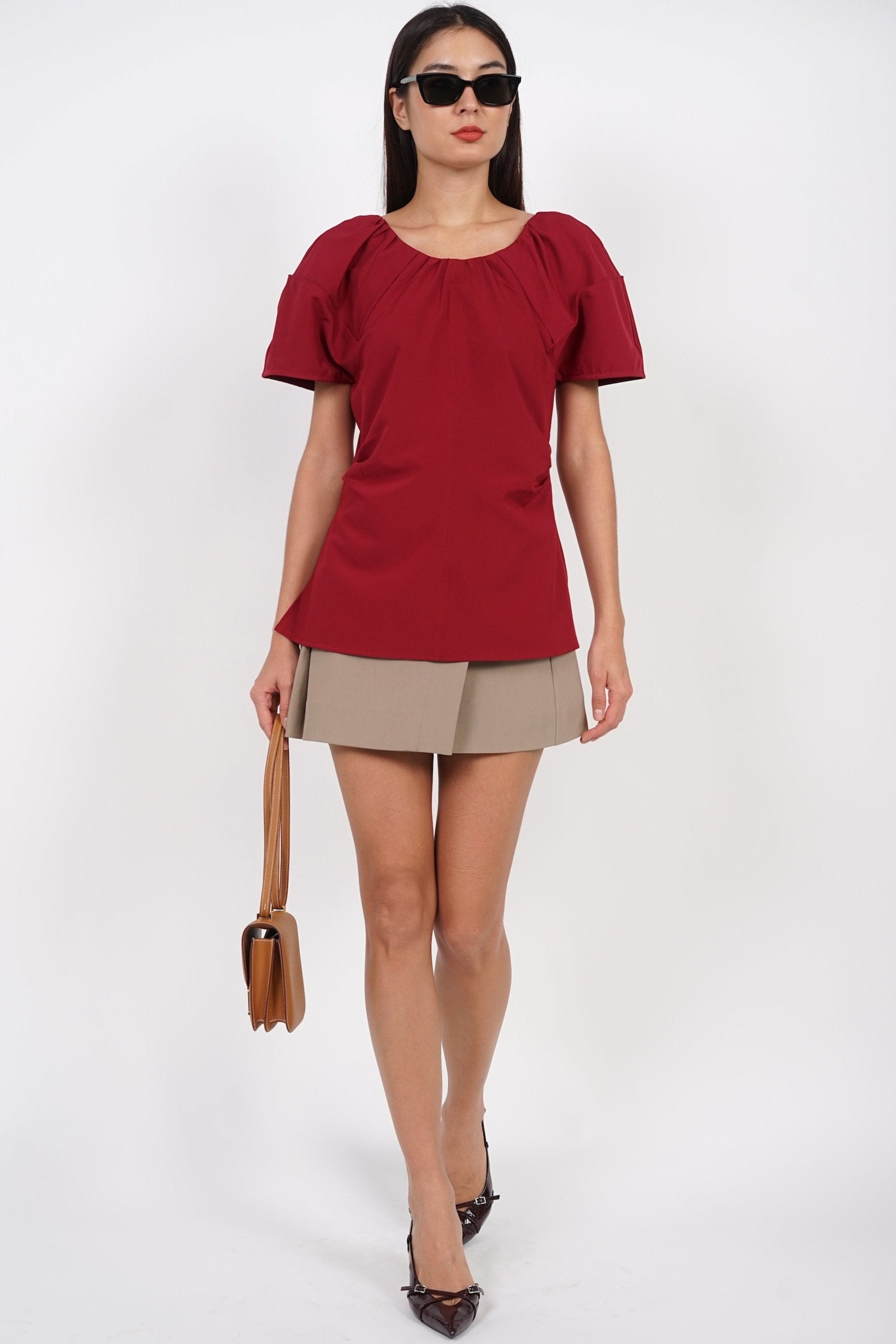 Gathered Scoop Neck Top in Burgundy