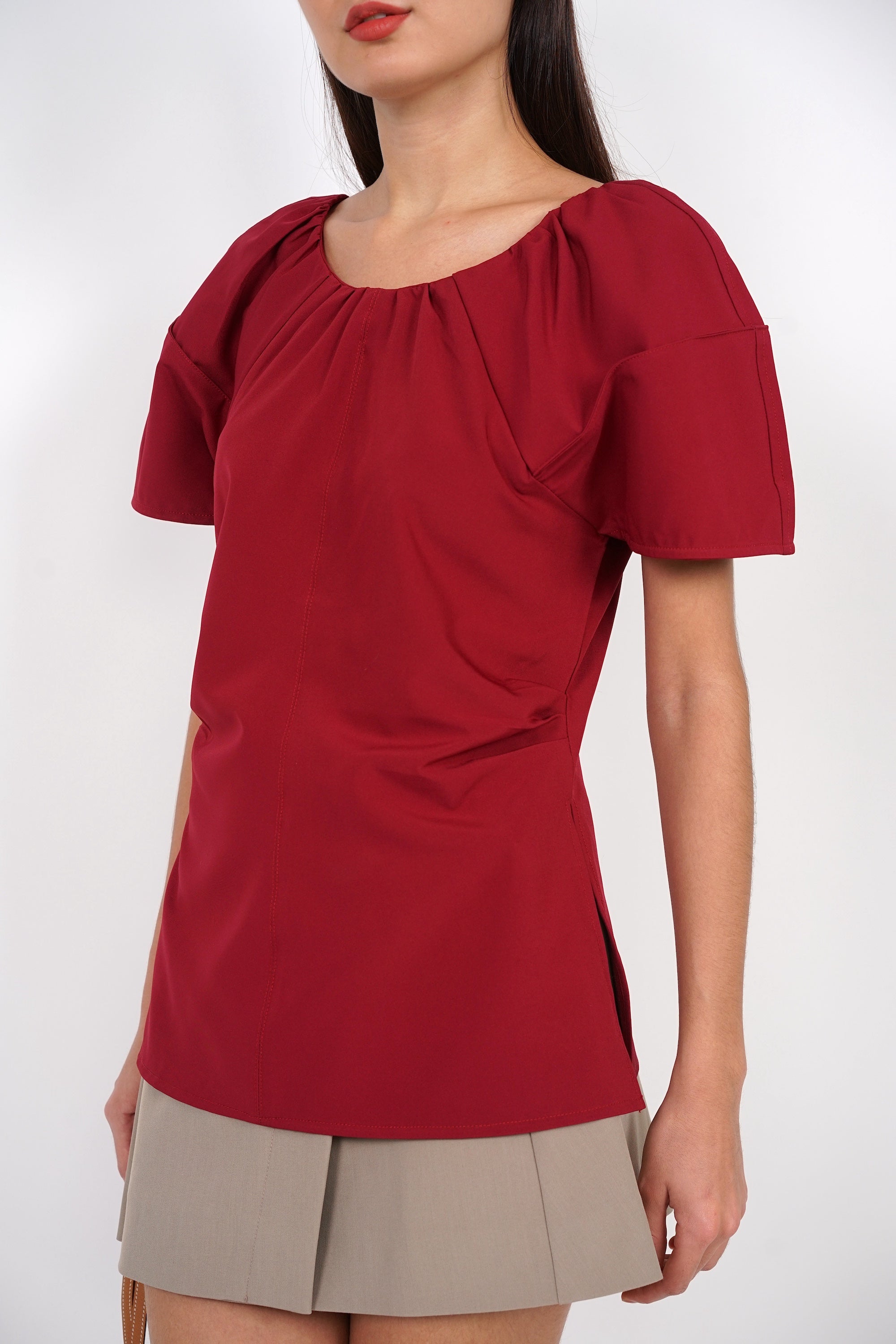 Gathered Scoop Neck Top in Burgundy