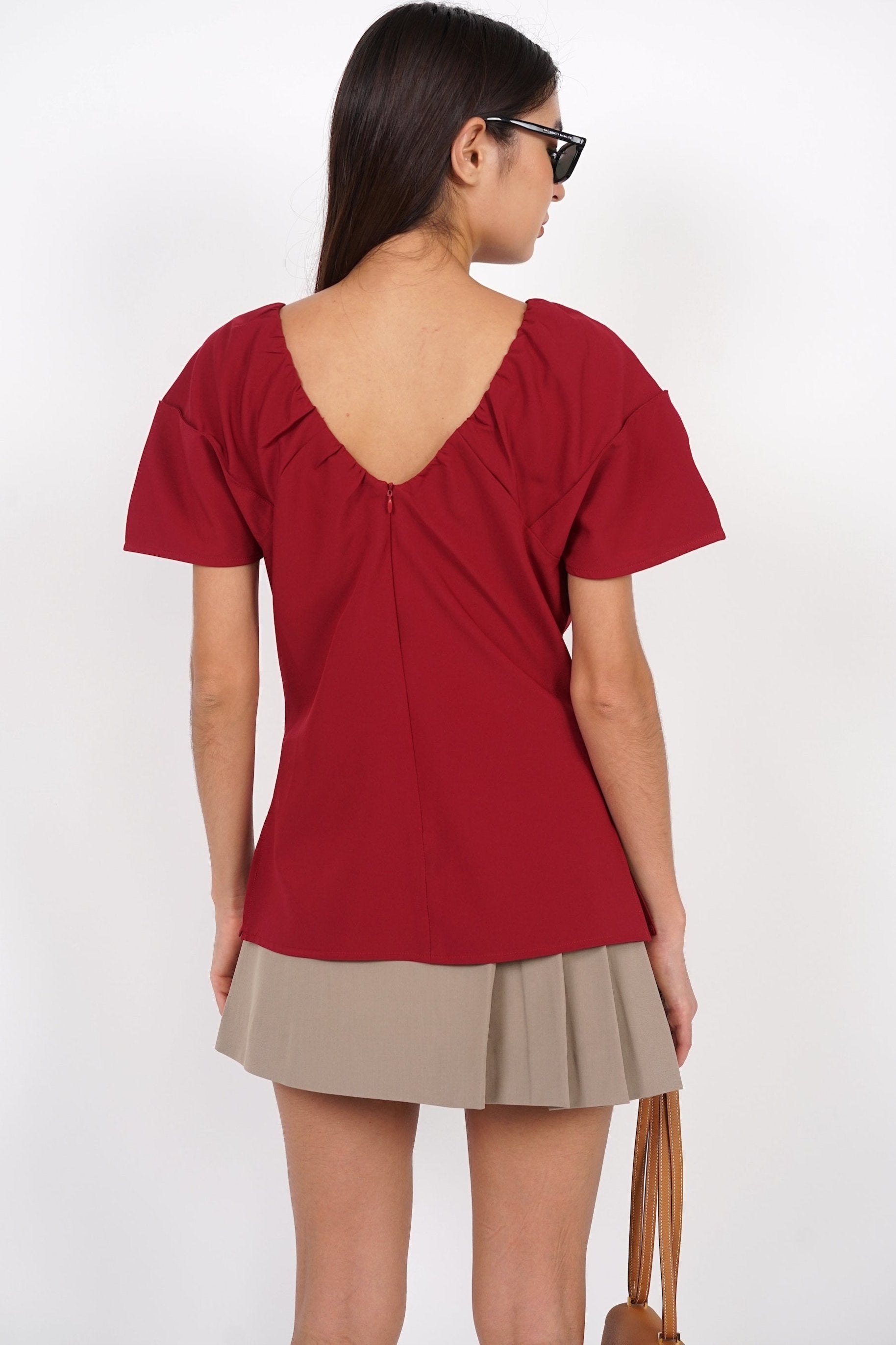 Gathered Scoop Neck Top in Burgundy