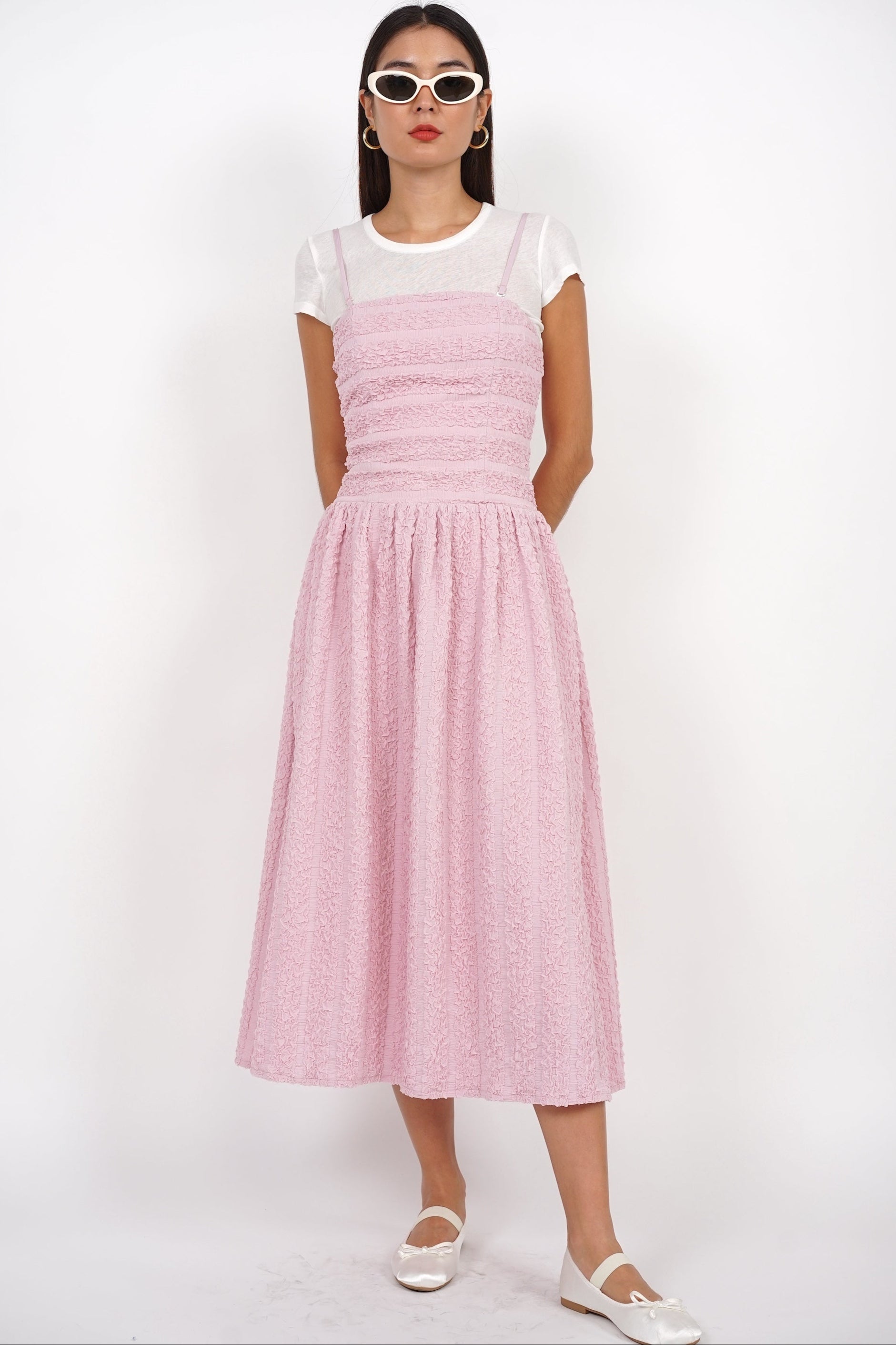 Textured Gathered Midi Dress in Pink