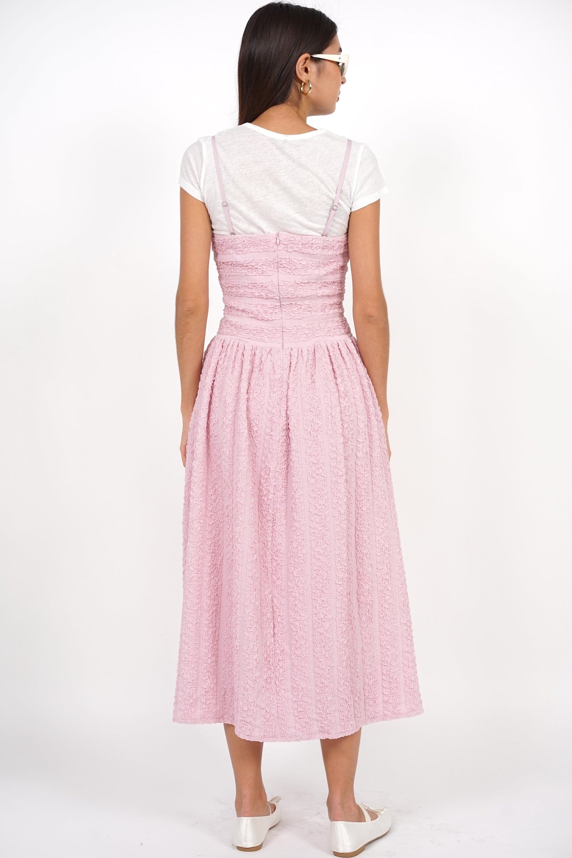Textured Gathered Midi Dress in Pink