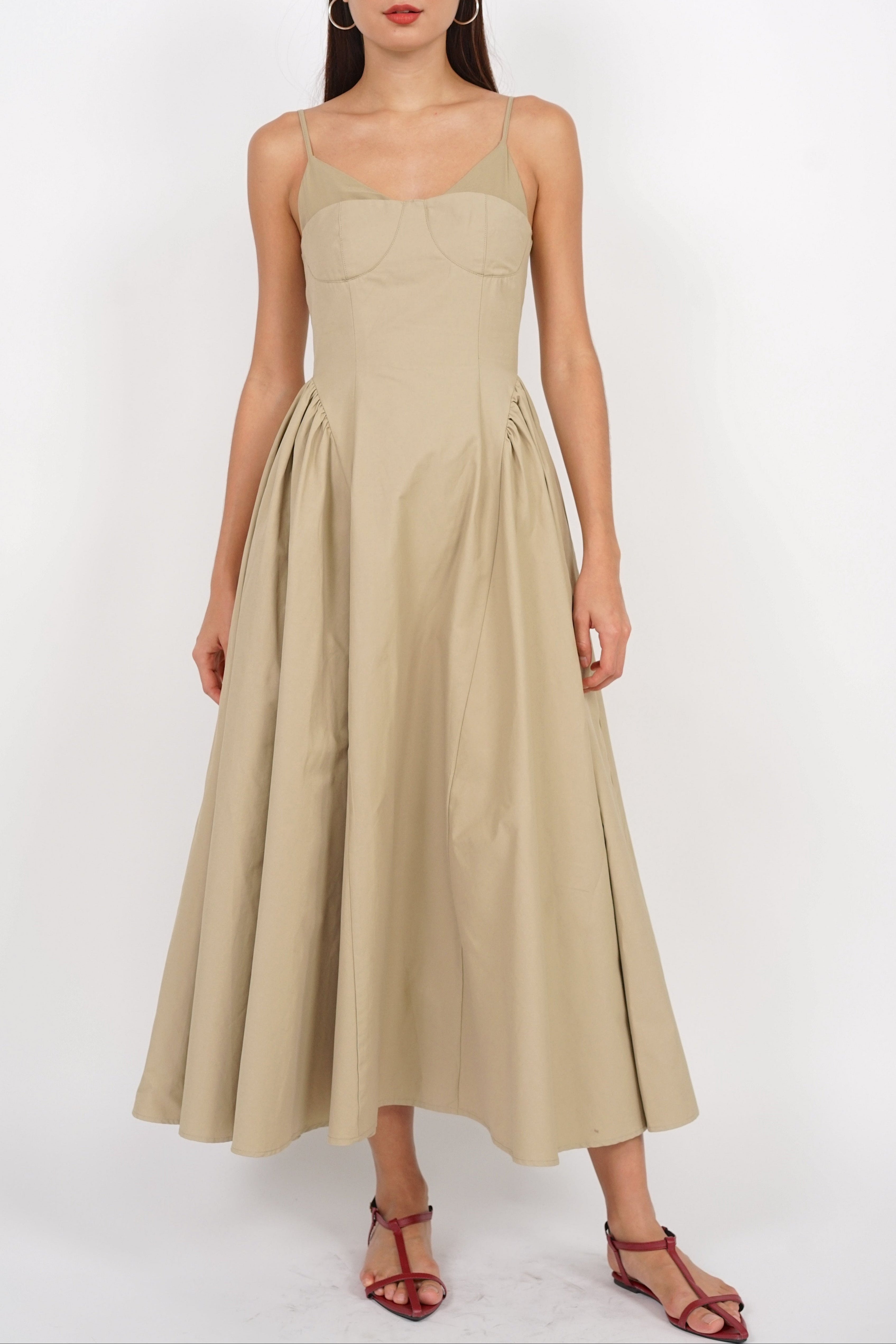 Bustier Gathered Dress in Khaki