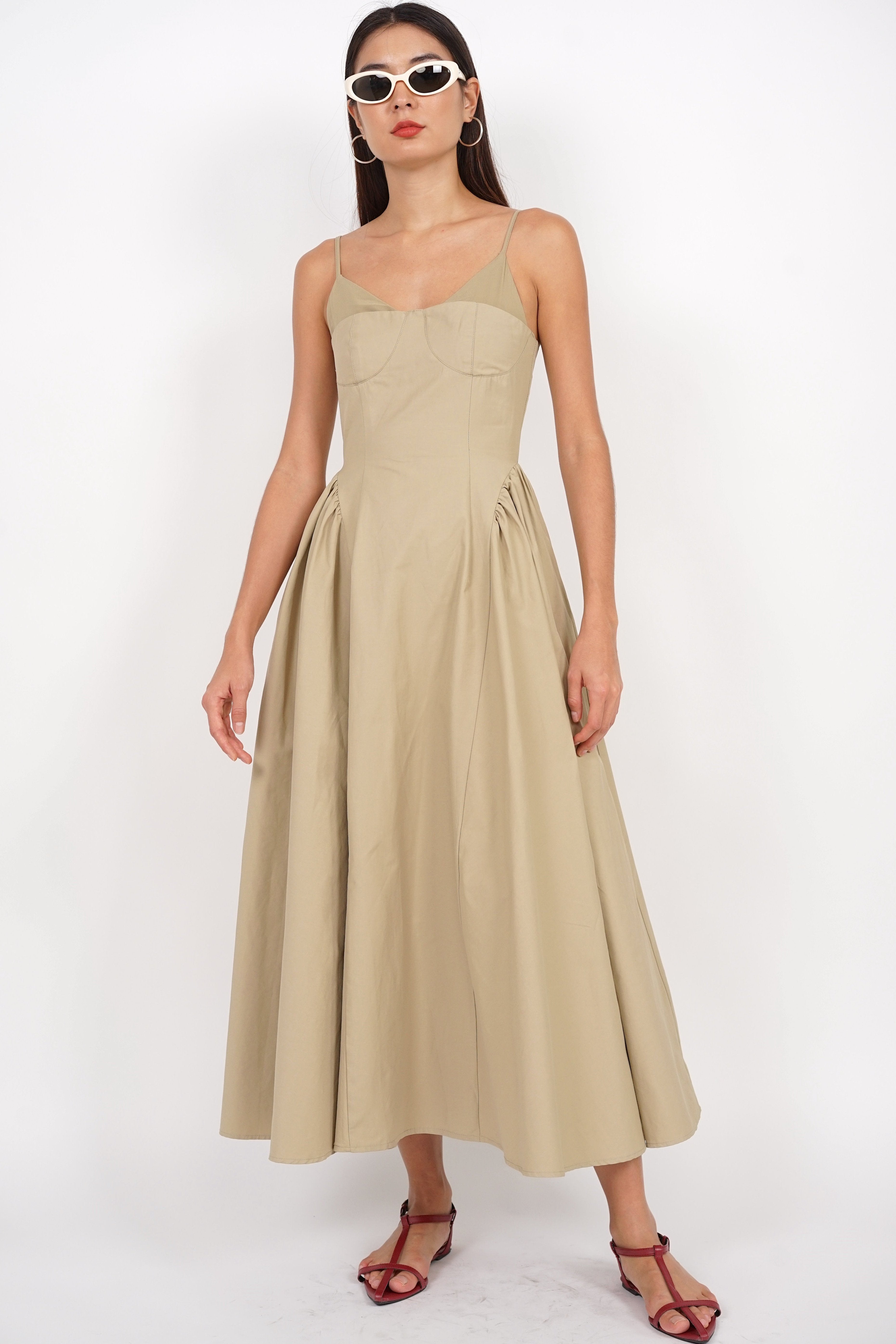 Bustier Gathered Dress in Khaki