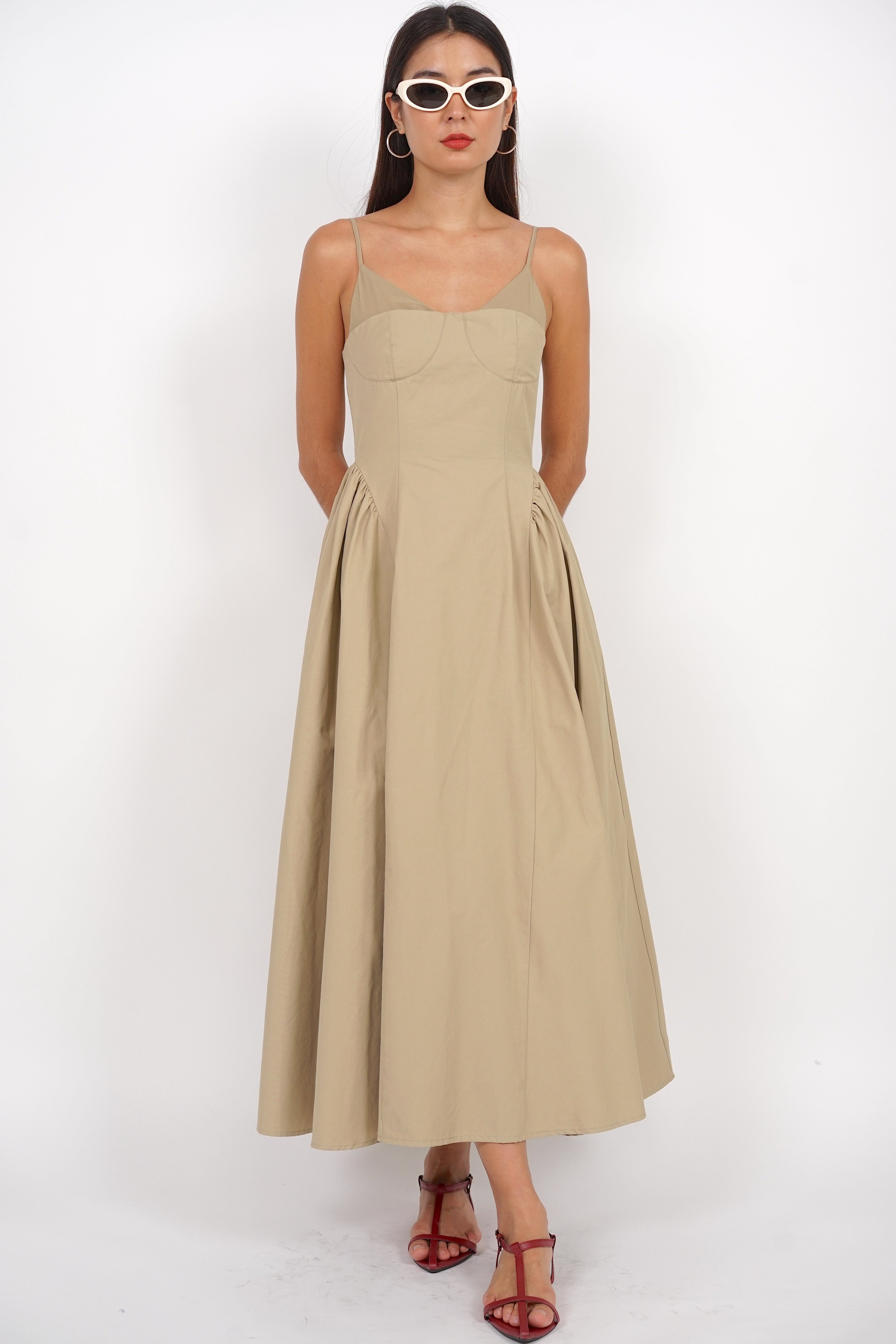 Bustier Gathered Dress in Khaki