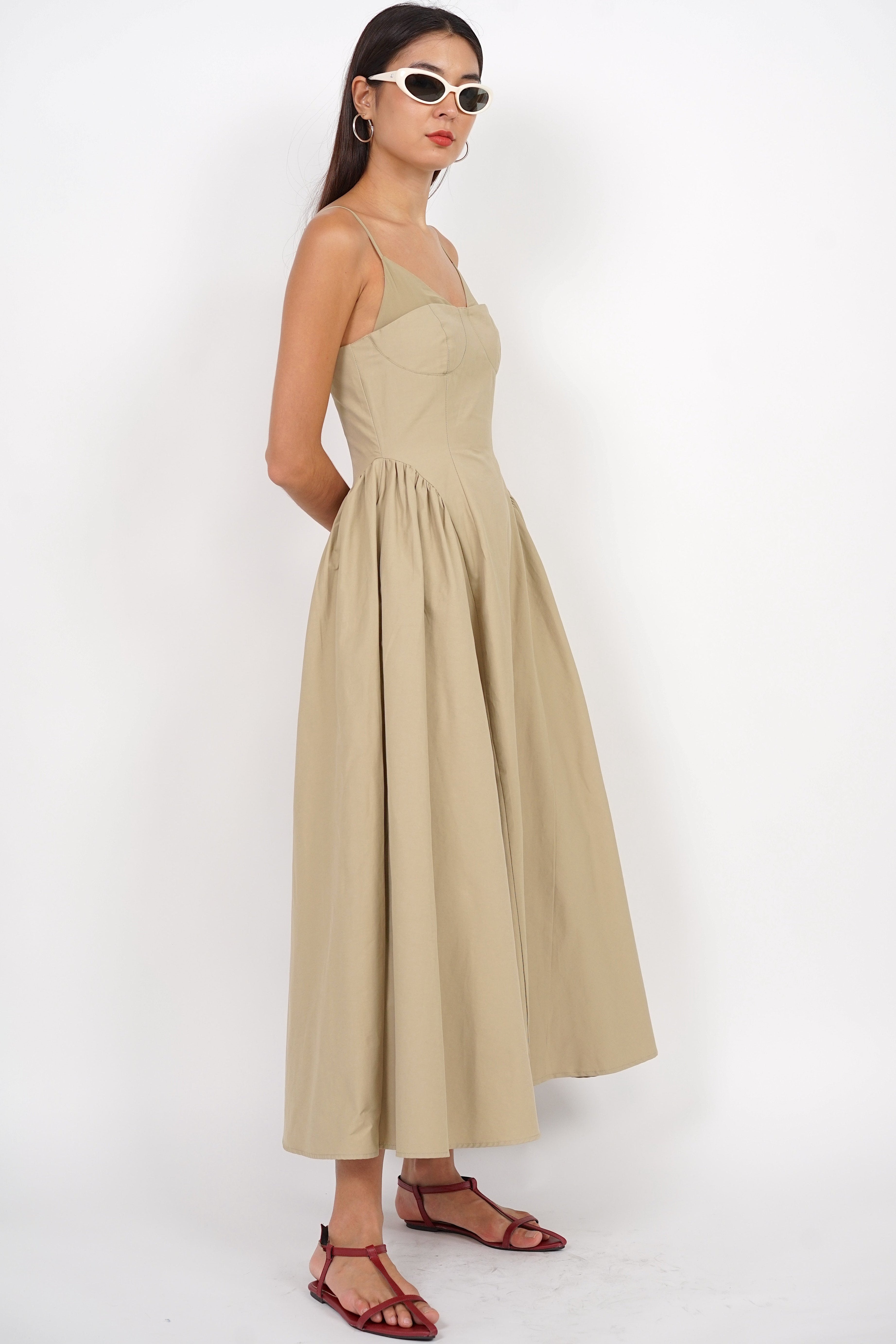 Bustier Gathered Dress in Khaki