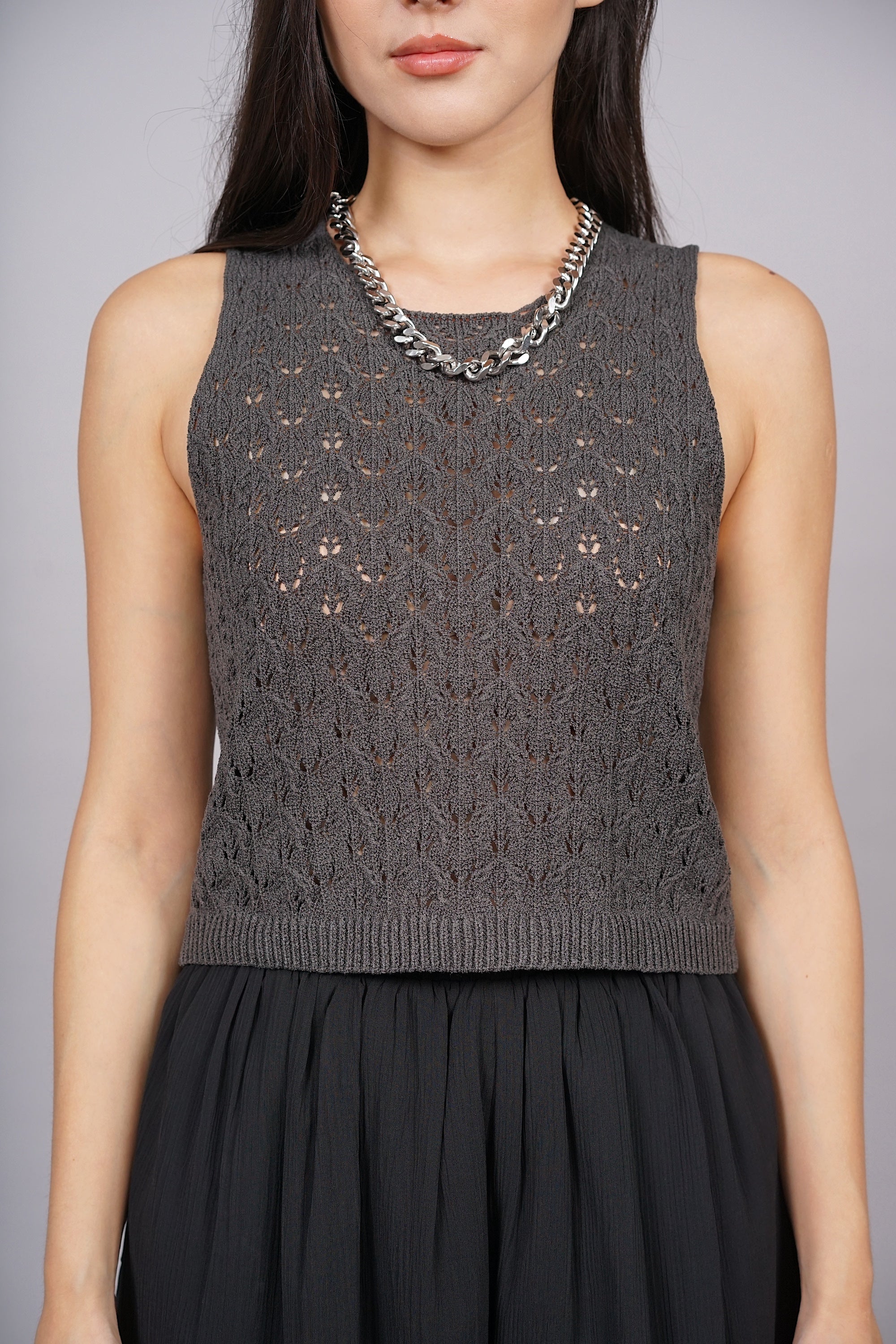 Macrame Knit Tank Top in Charcoal Grey