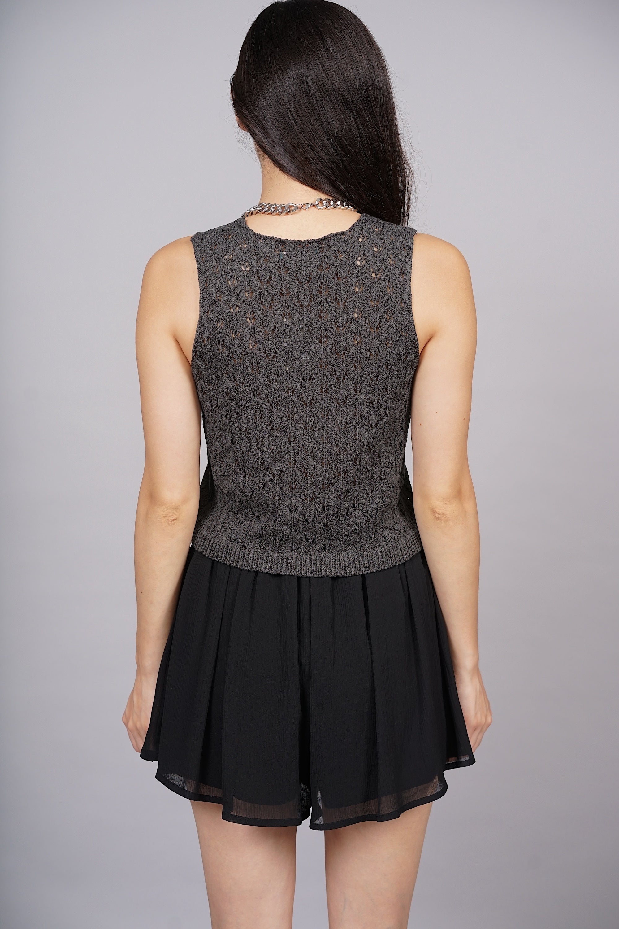 Macrame Knit Tank Top in Charcoal Grey