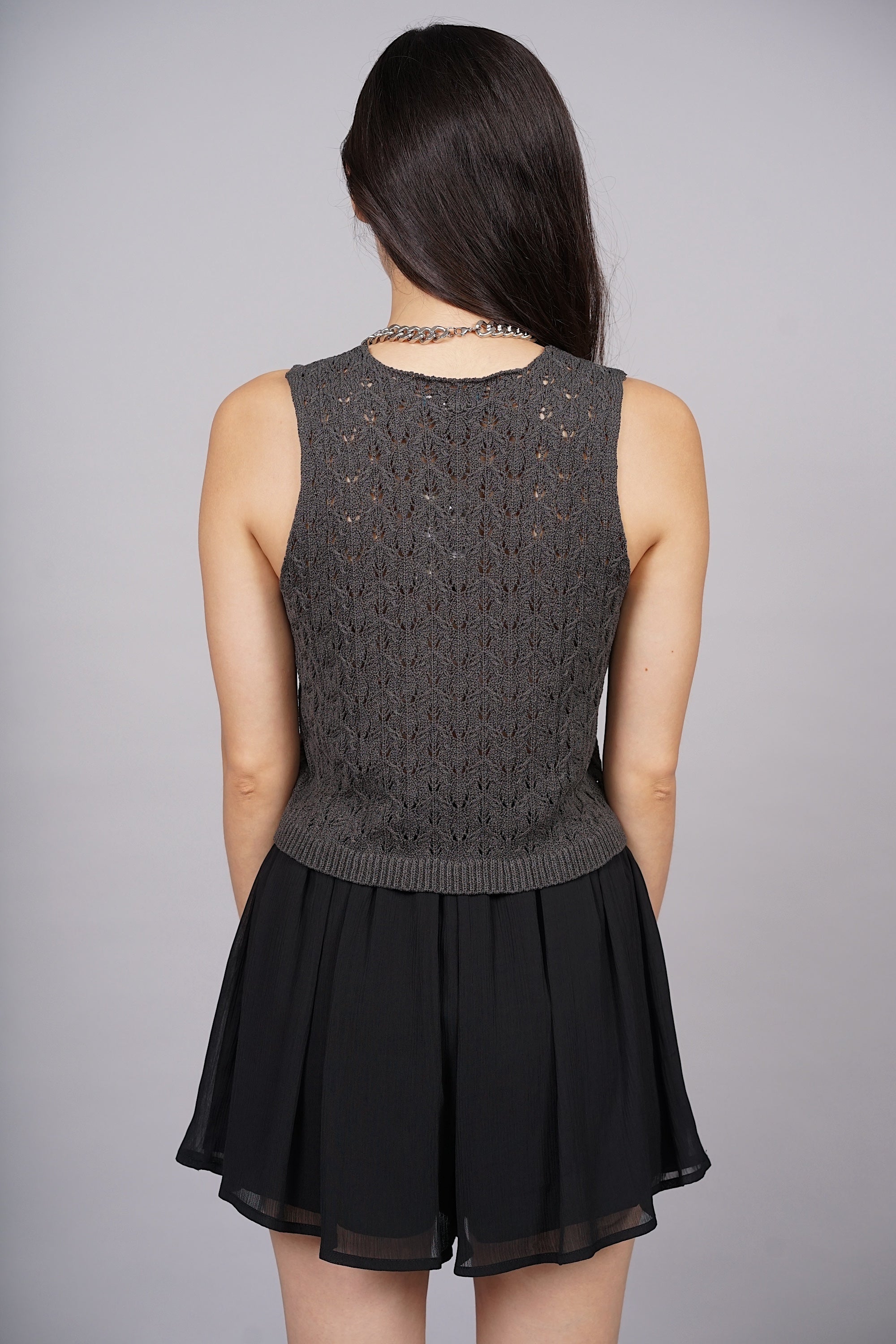 Macrame Knit Tank Top in Charcoal Grey