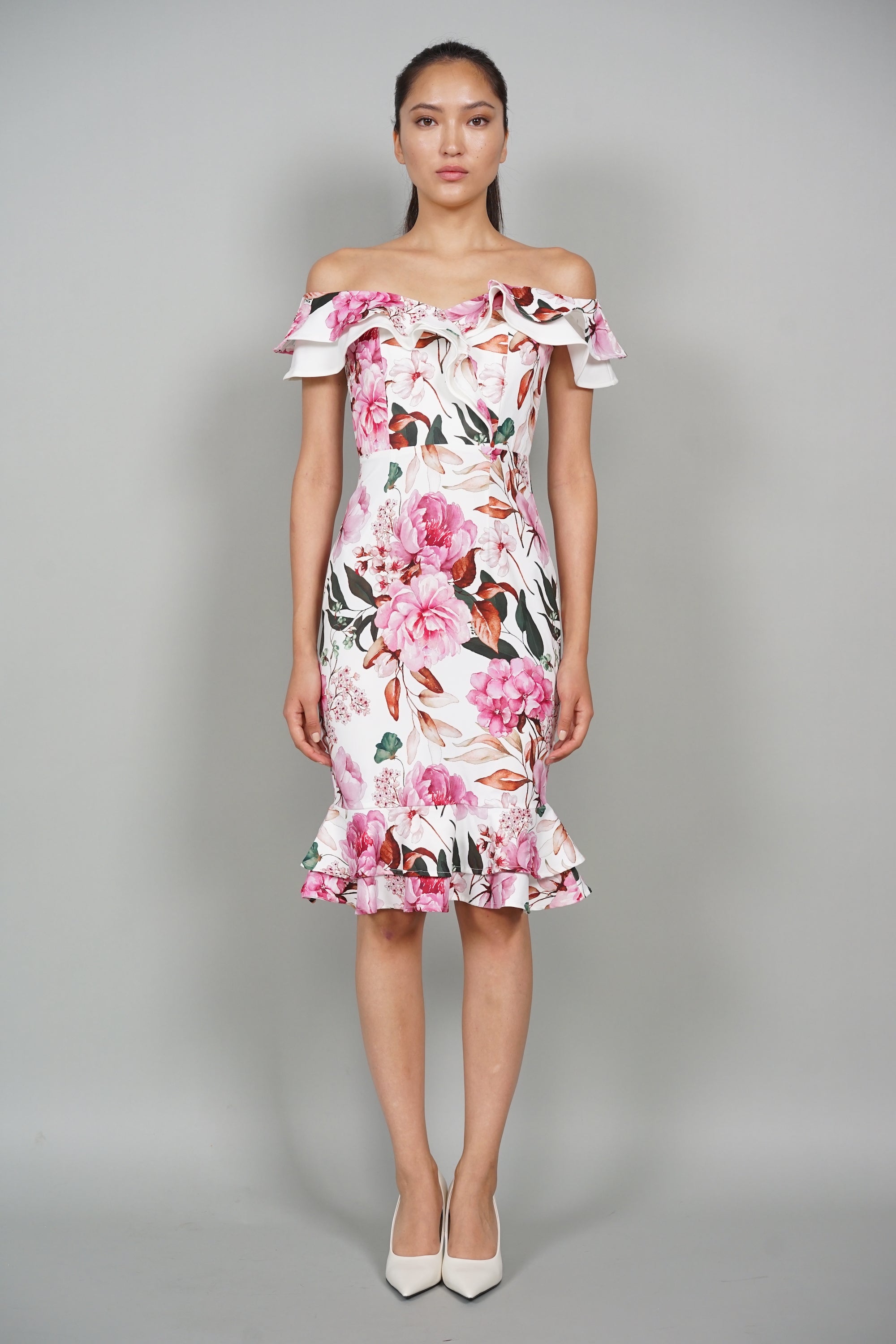 Roy Flounce Mermaid Dress in White Pink Floral