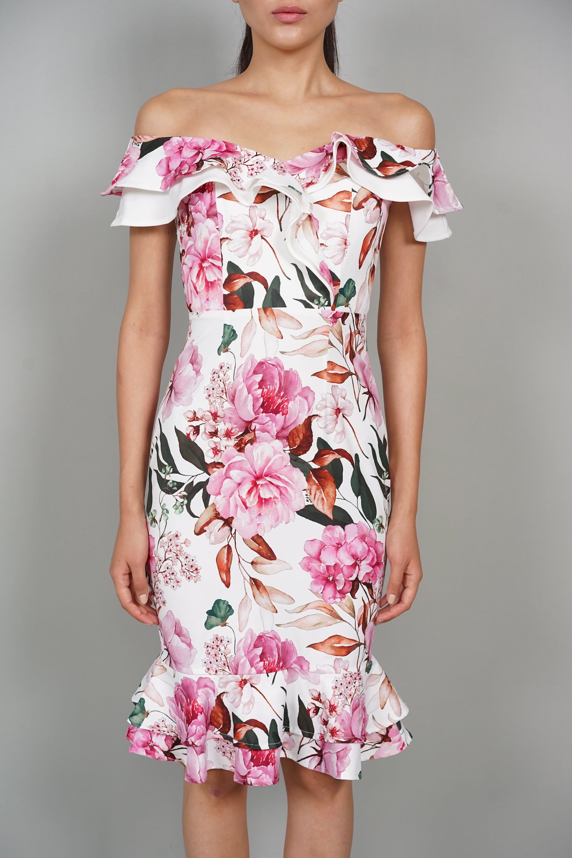 Roy Flounce Mermaid Dress in White Pink Floral