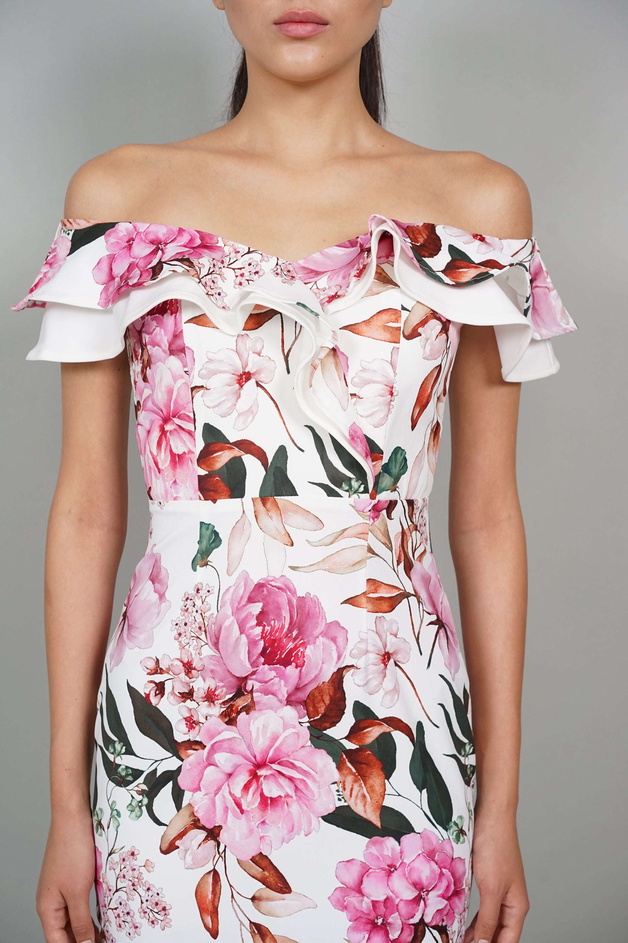 Roy Flounce Mermaid Dress in White Pink Floral