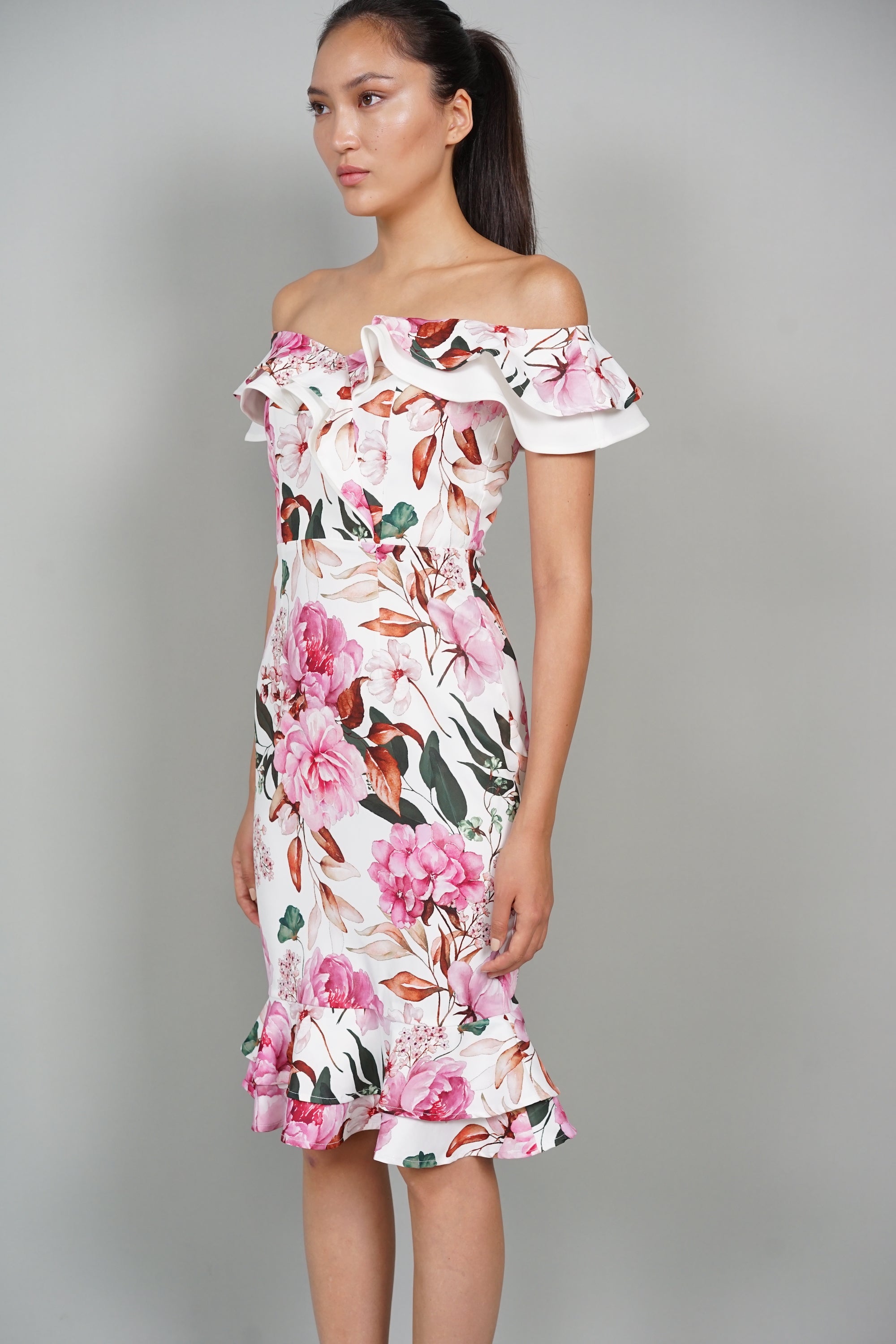 Roy Flounce Mermaid Dress in White Pink Floral