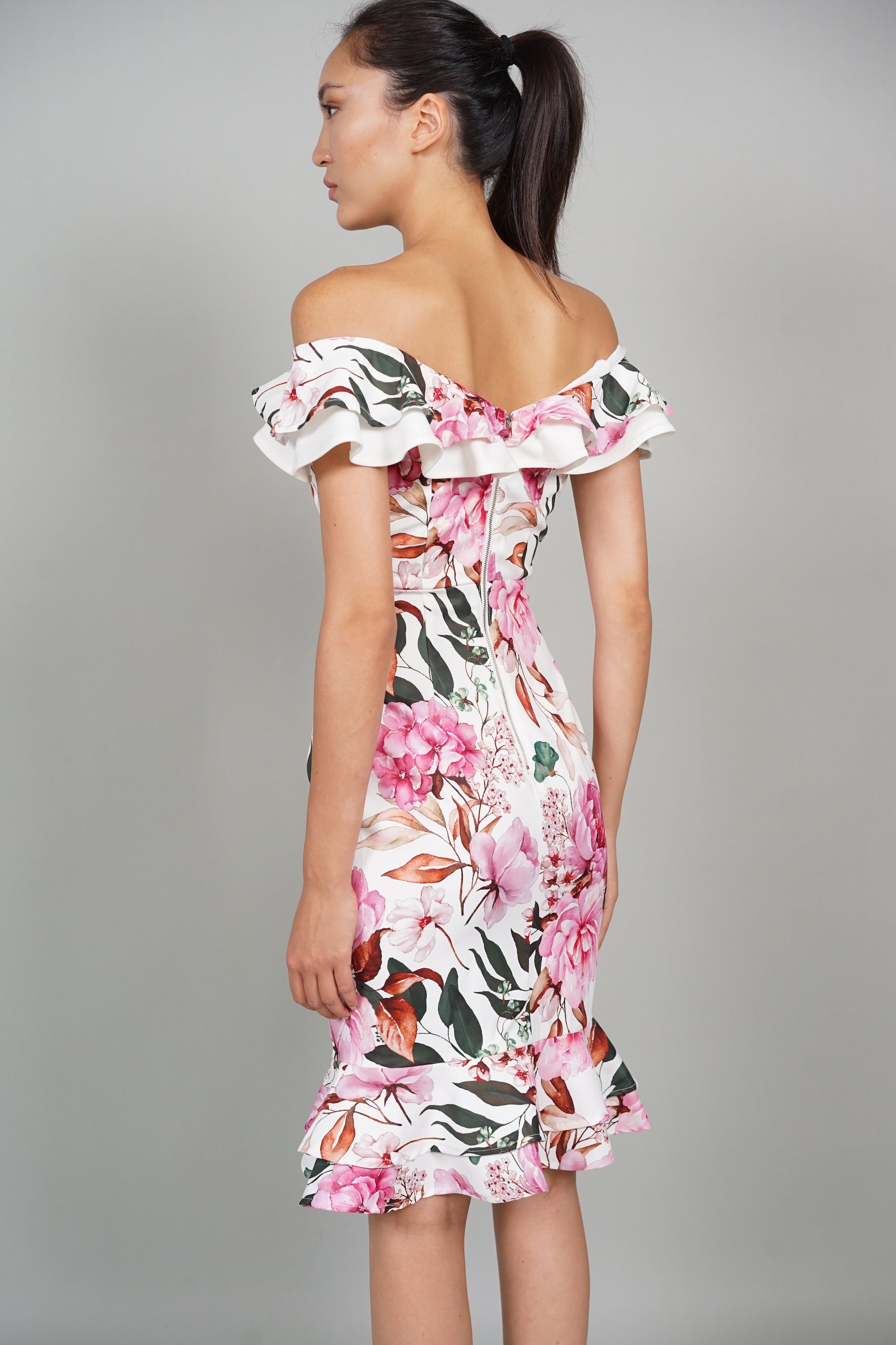 Roy Flounce Mermaid Dress in White Pink Floral