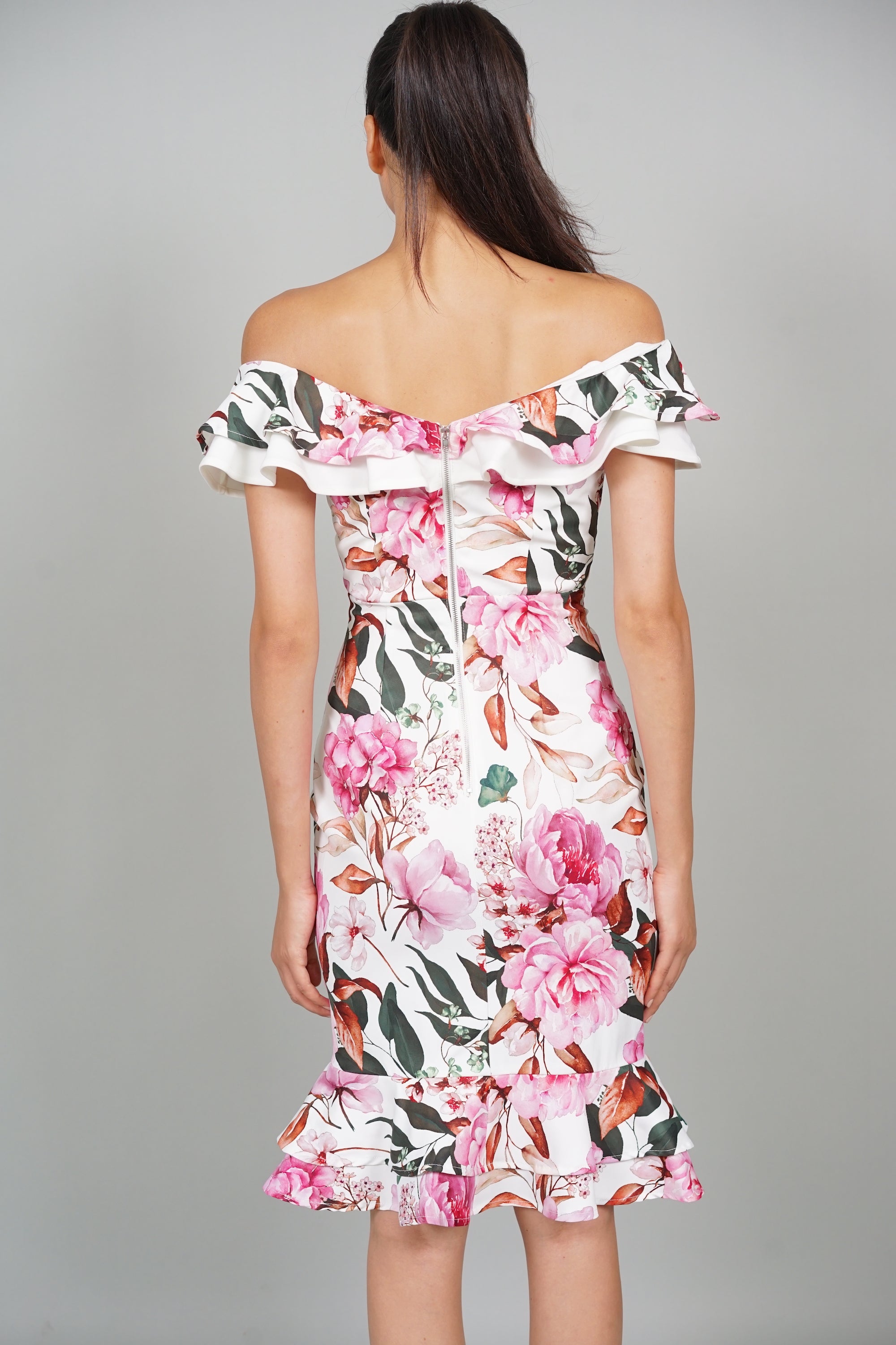 Roy Flounce Mermaid Dress in White Pink Floral