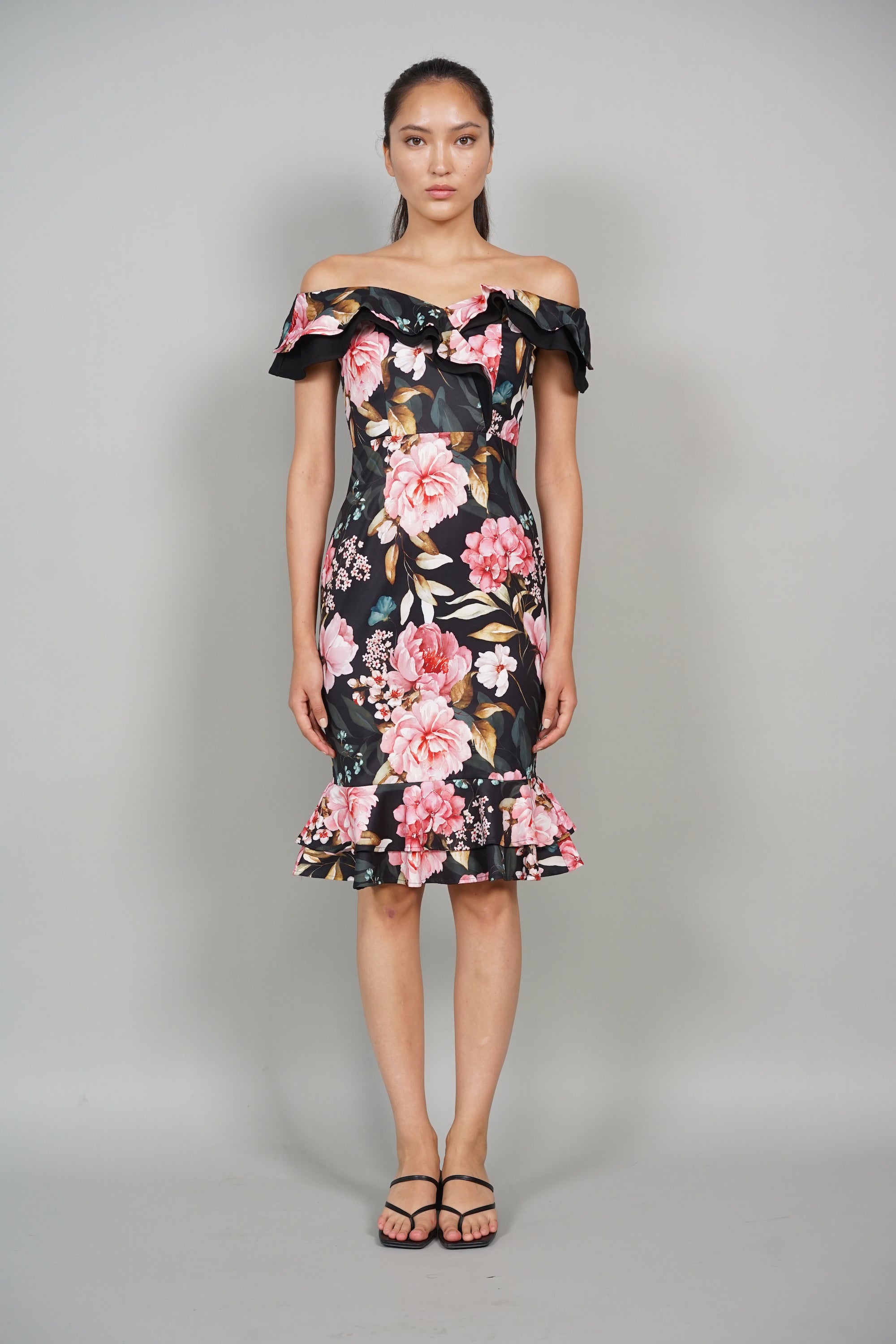Roy Flounce Mermaid Dress in Black Pink Floral