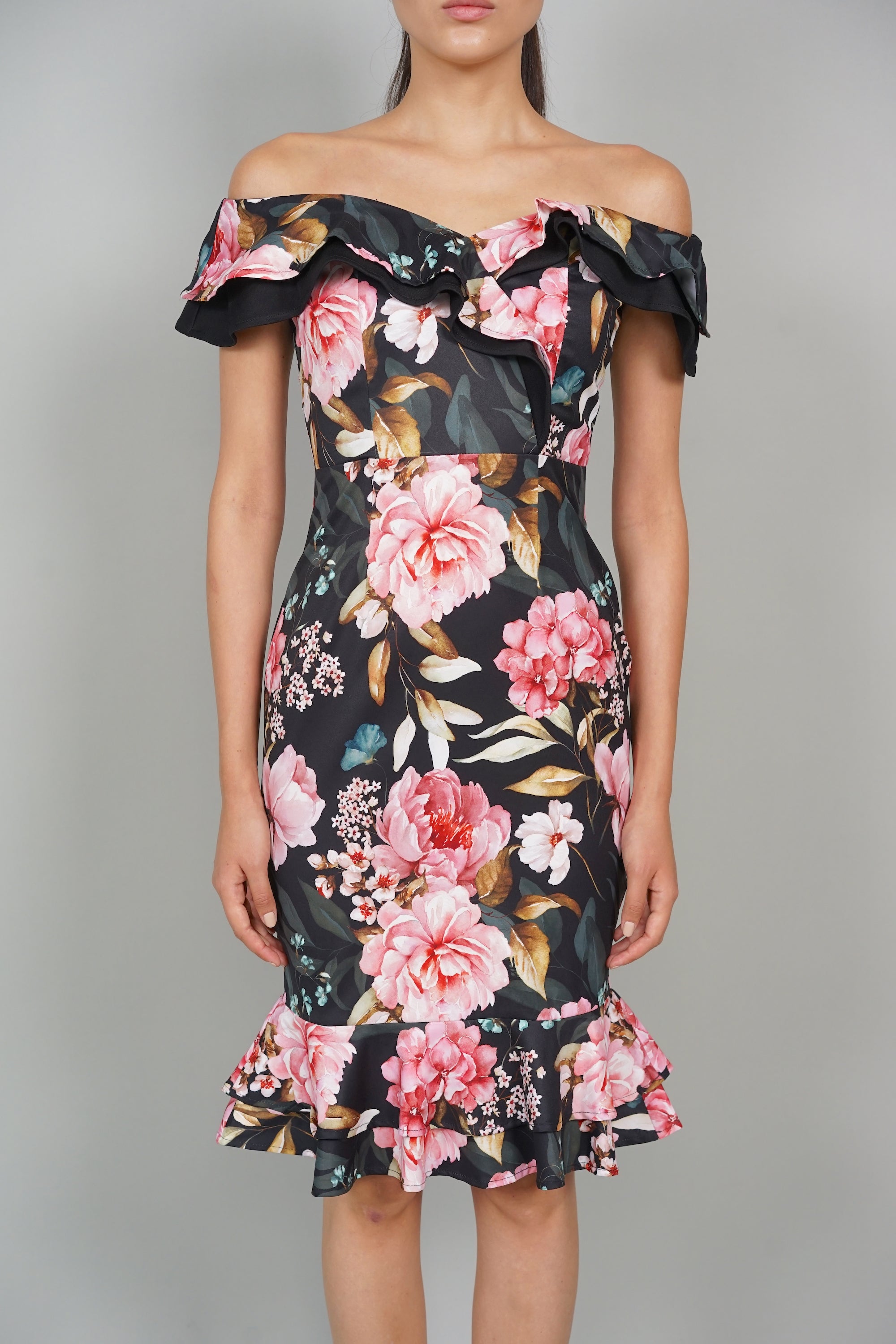 Roy Flounce Mermaid Dress in Black Pink Floral