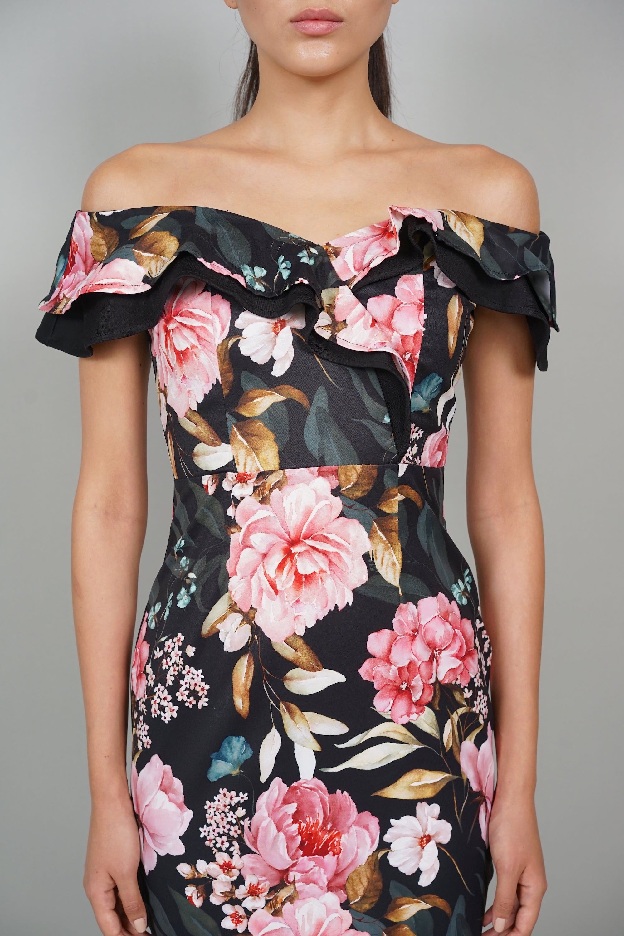 Roy Flounce Mermaid Dress in Black Pink Floral