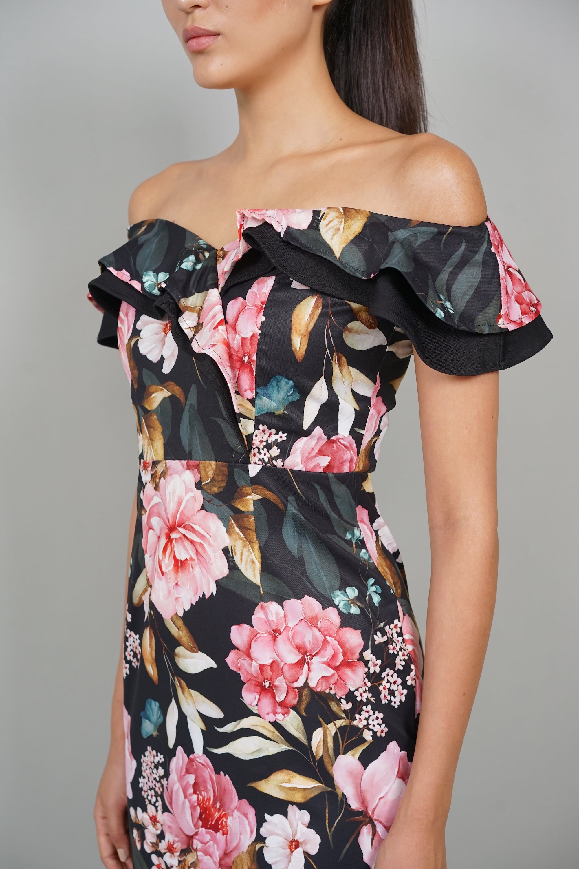 Roy Flounce Mermaid Dress in Black Pink Floral
