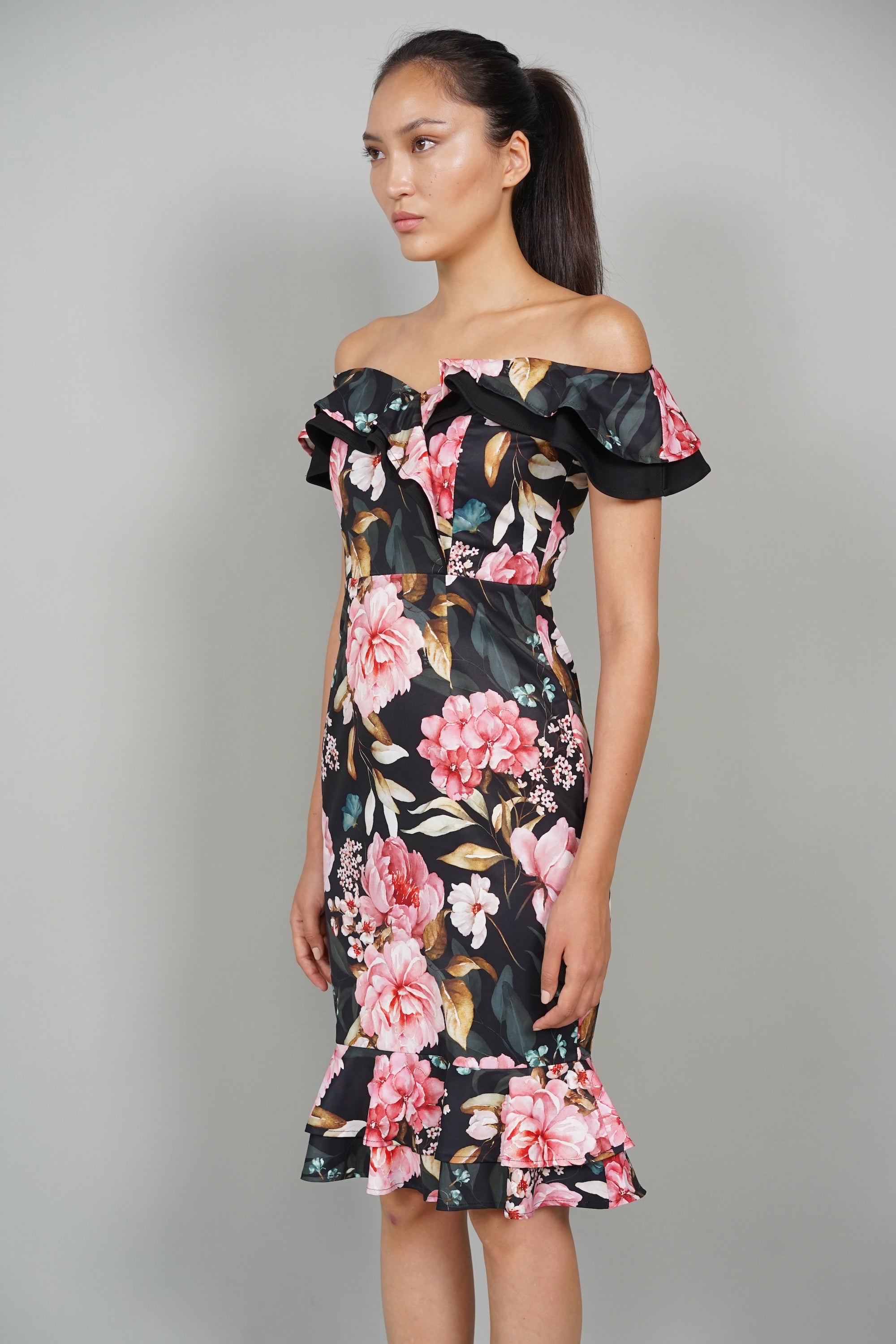 Roy Flounce Mermaid Dress in Black Pink Floral