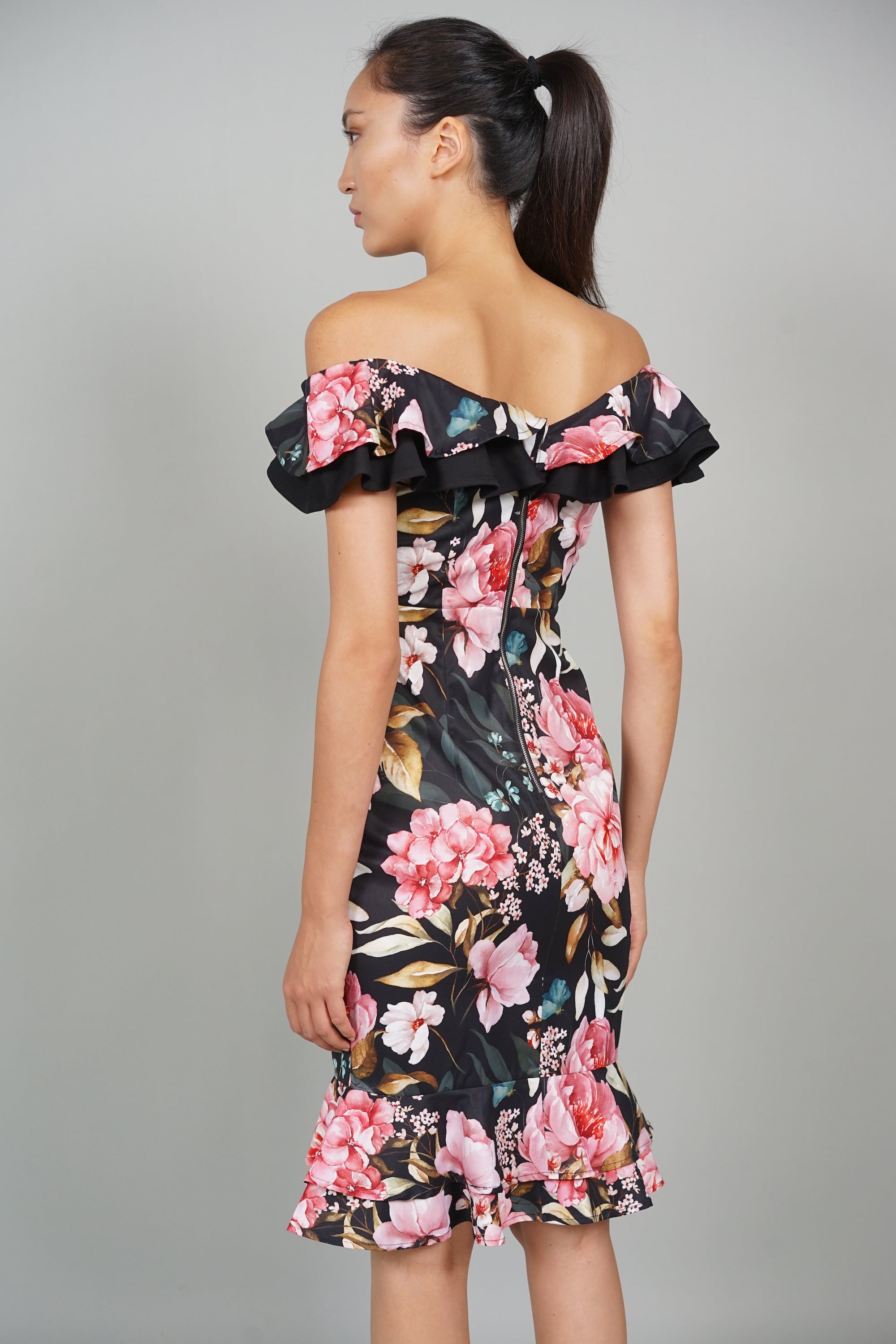 Roy Flounce Mermaid Dress in Black Pink Floral