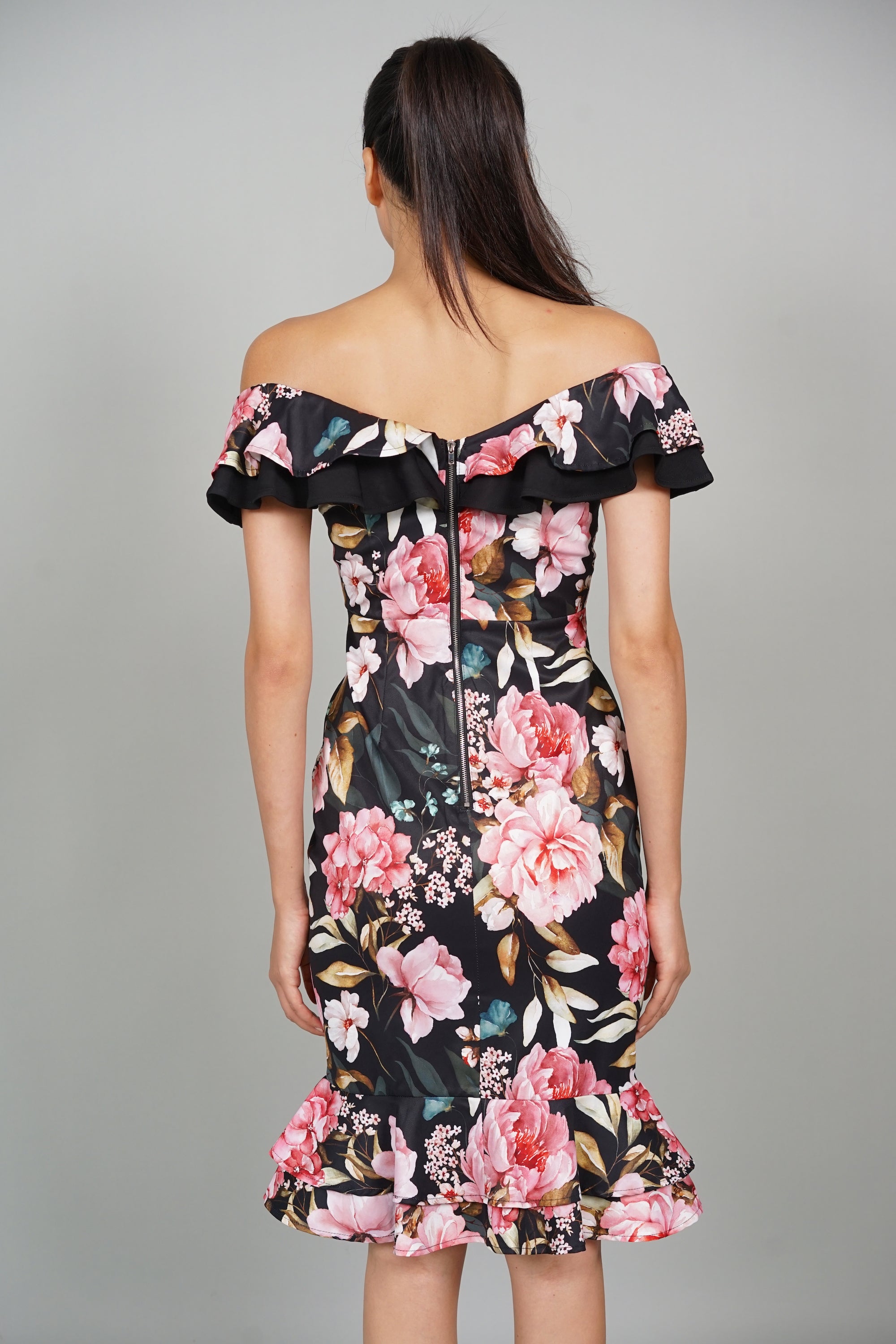 Roy Flounce Mermaid Dress in Black Pink Floral