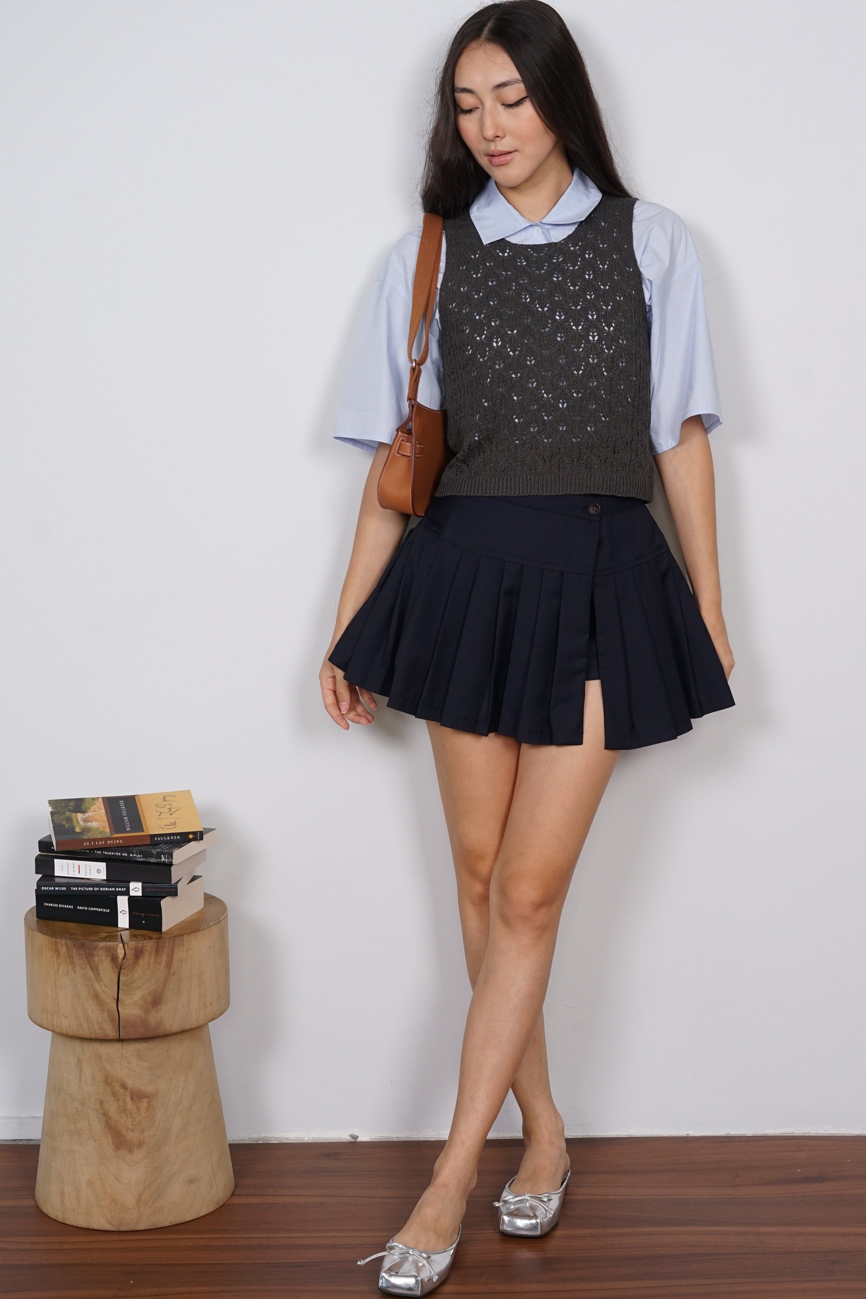 Macrame Knit Tank Top in Charcoal Grey
