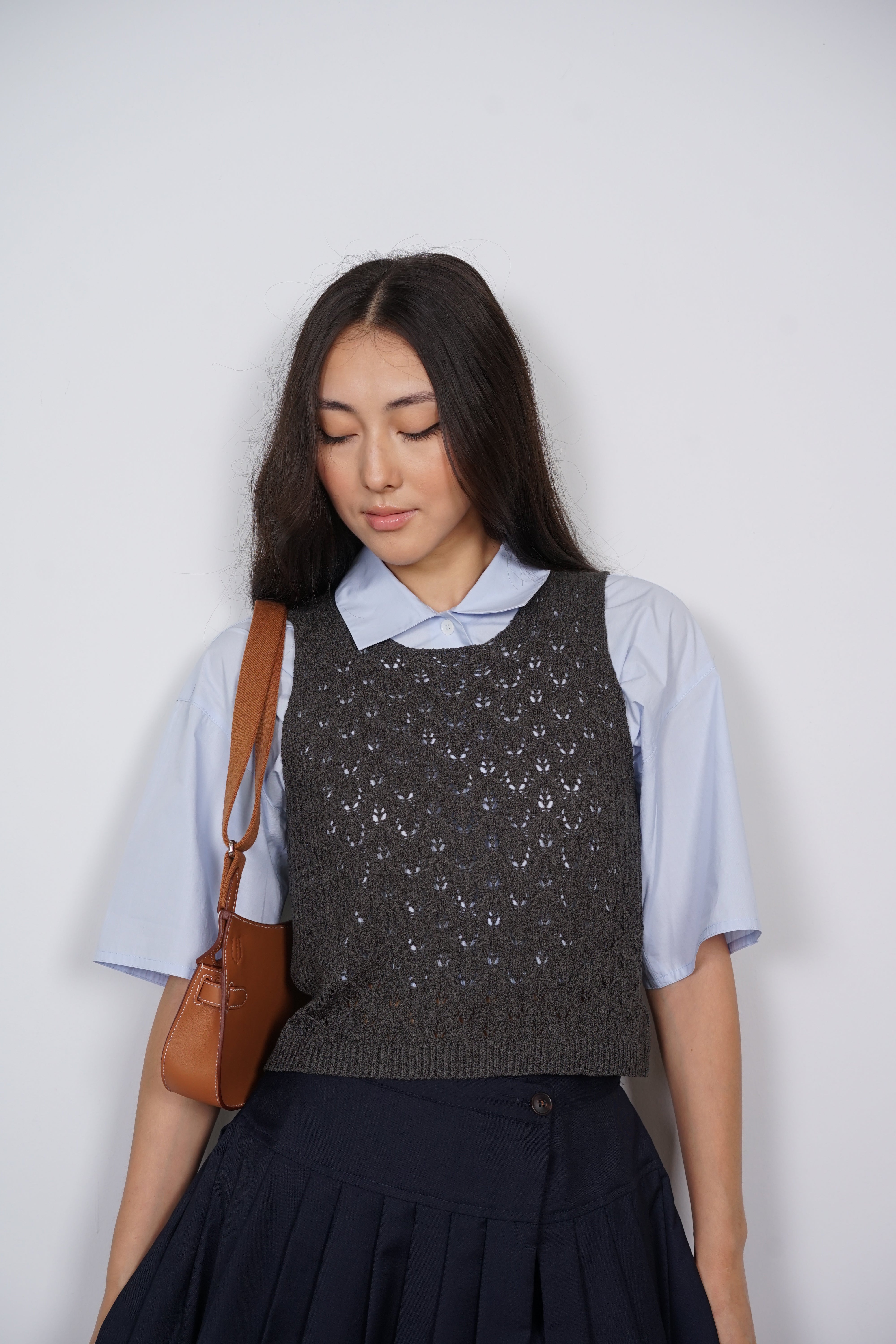 Macrame Knit Tank Top in Charcoal Grey