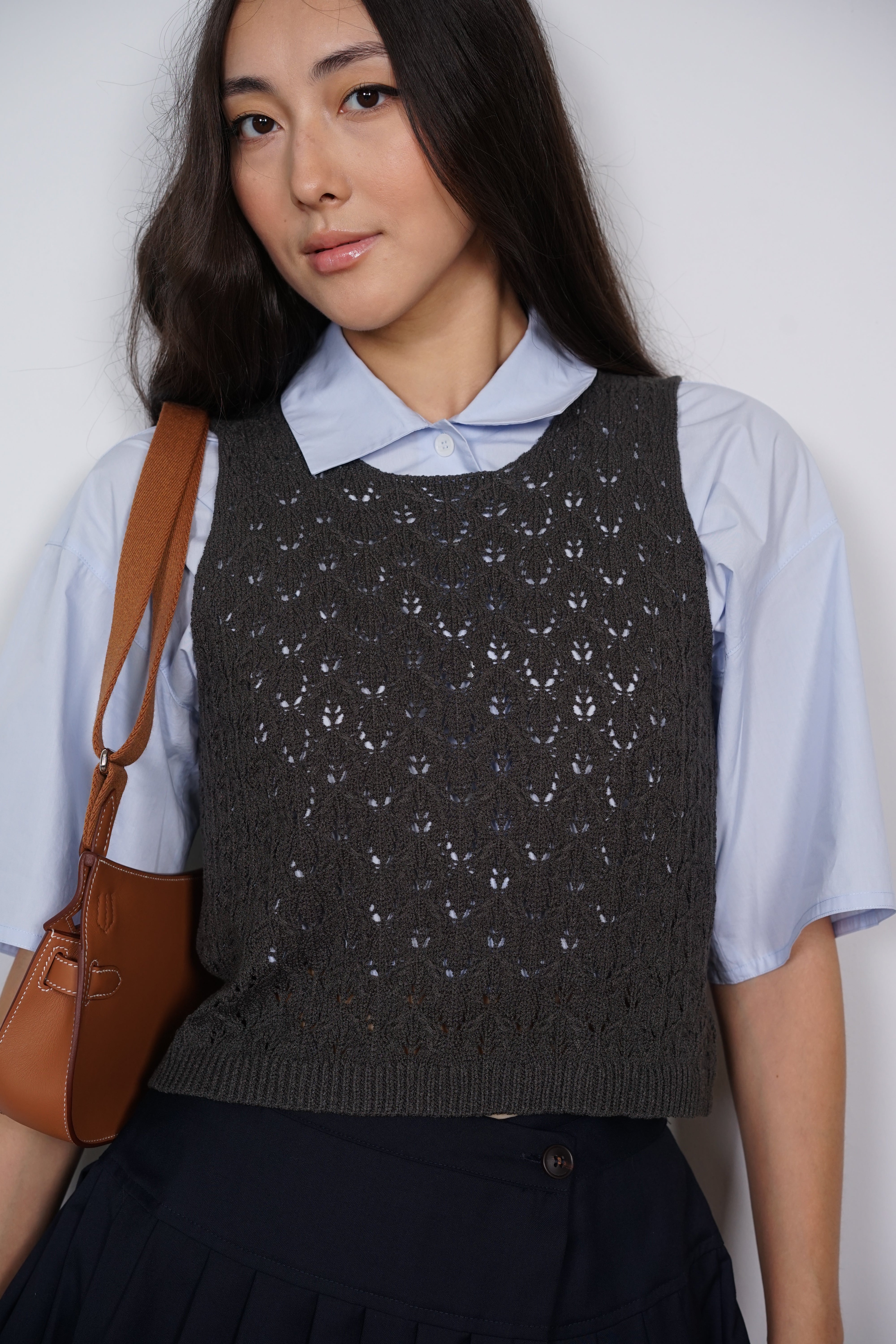 Macrame Knit Tank Top in Charcoal Grey