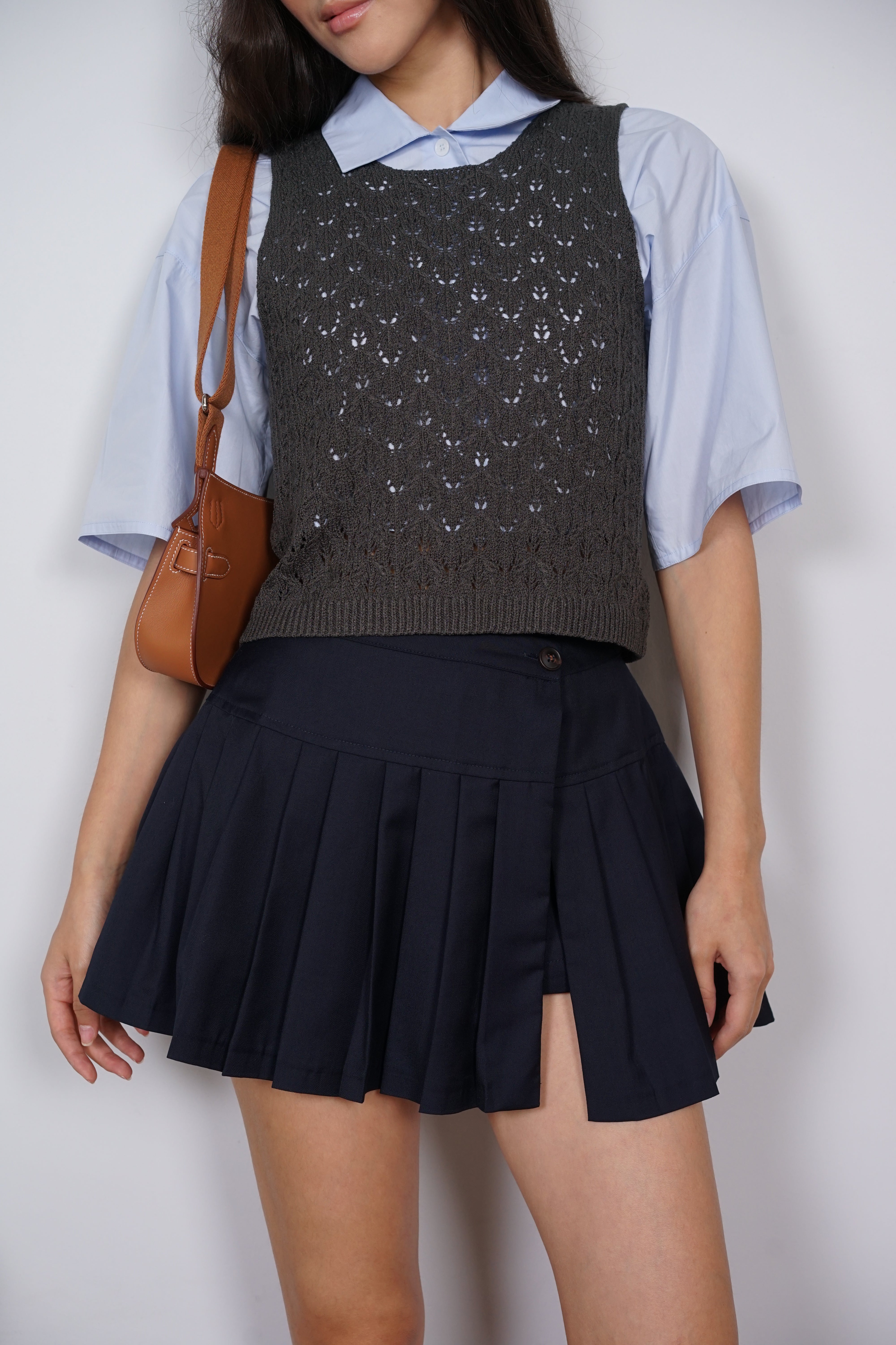 Macrame Knit Tank Top in Charcoal Grey