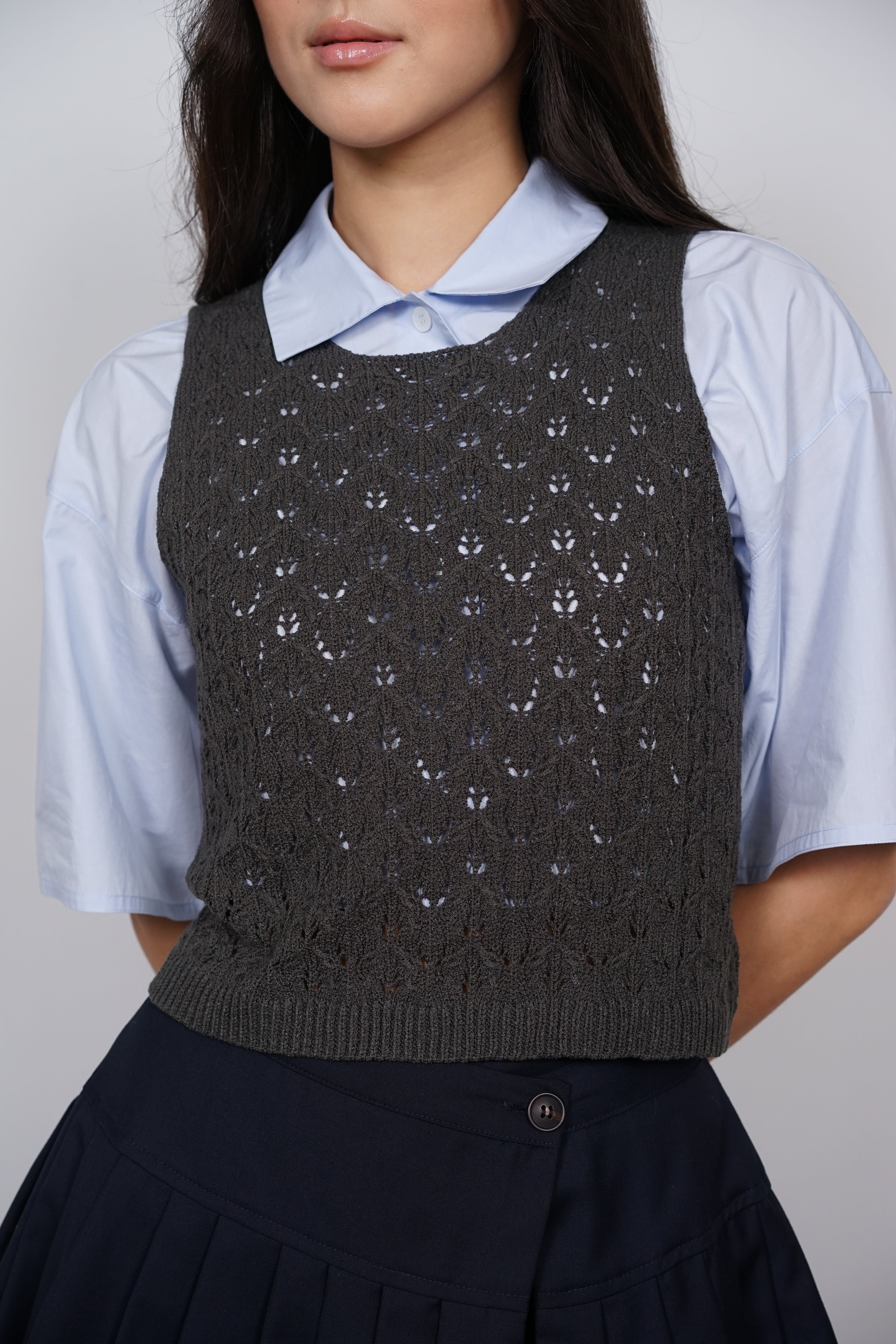 Macrame Knit Tank Top in Charcoal Grey