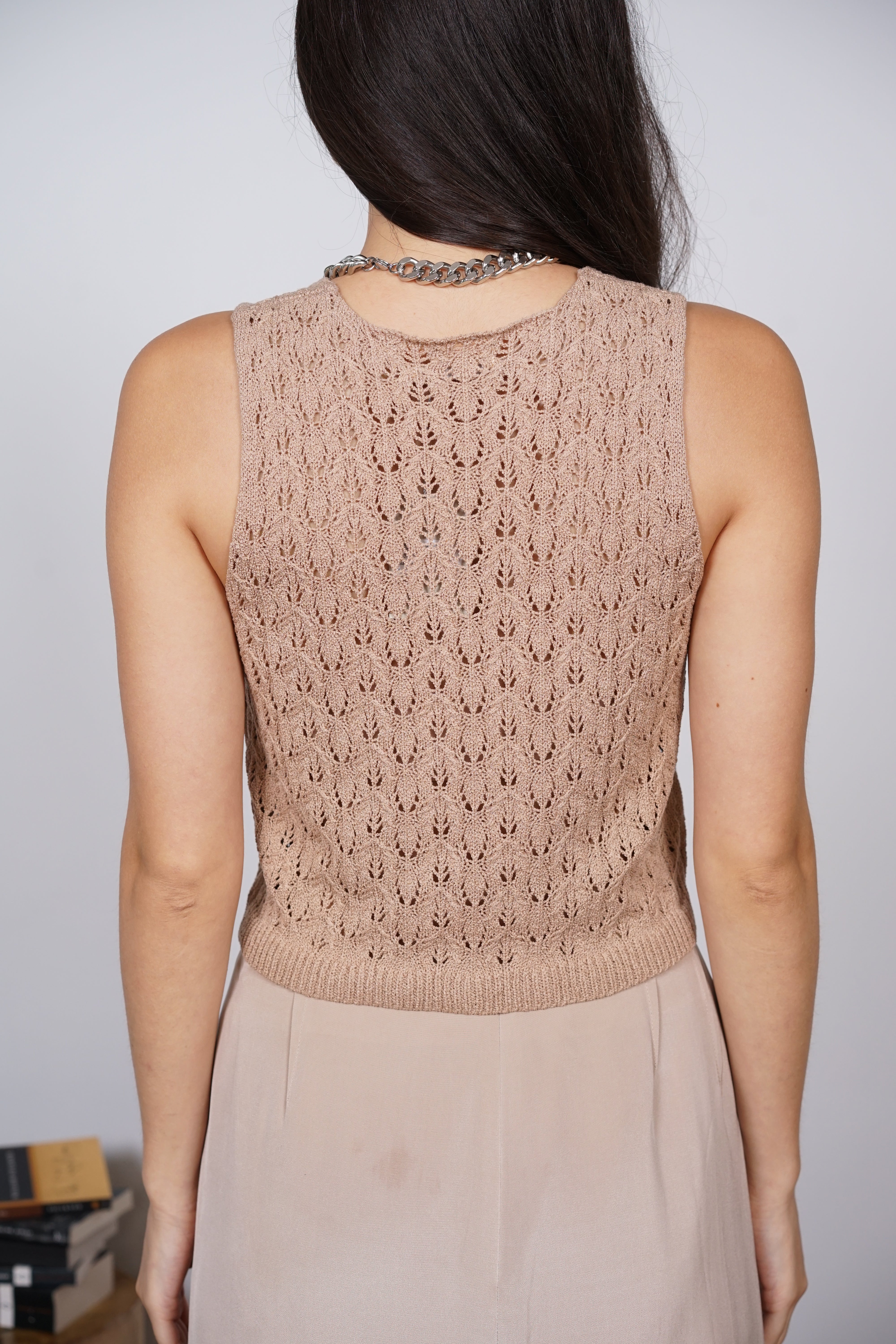 Macrame Knit Tank Top in Camel