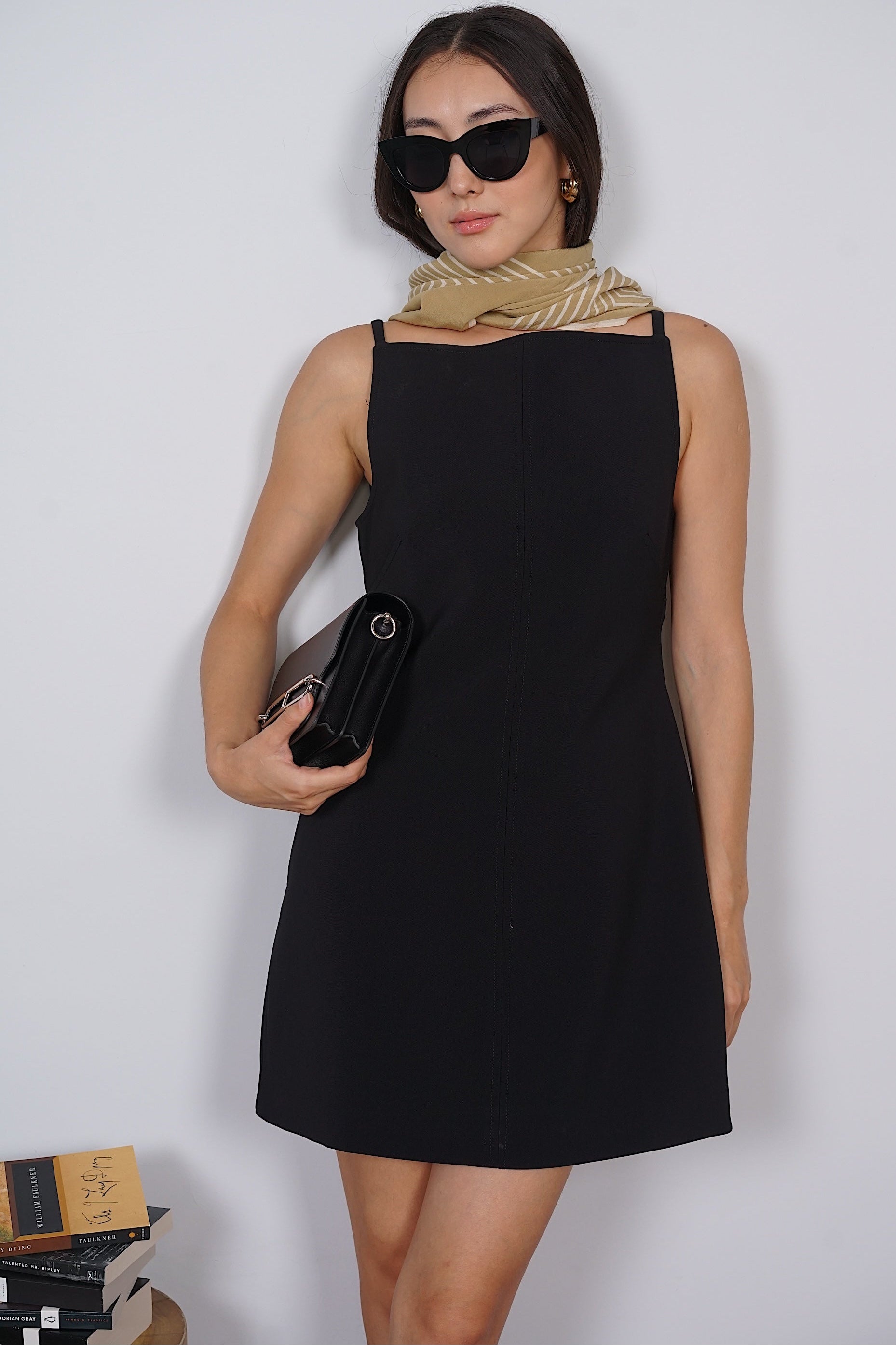 Boat Neck Mini Dress in Black