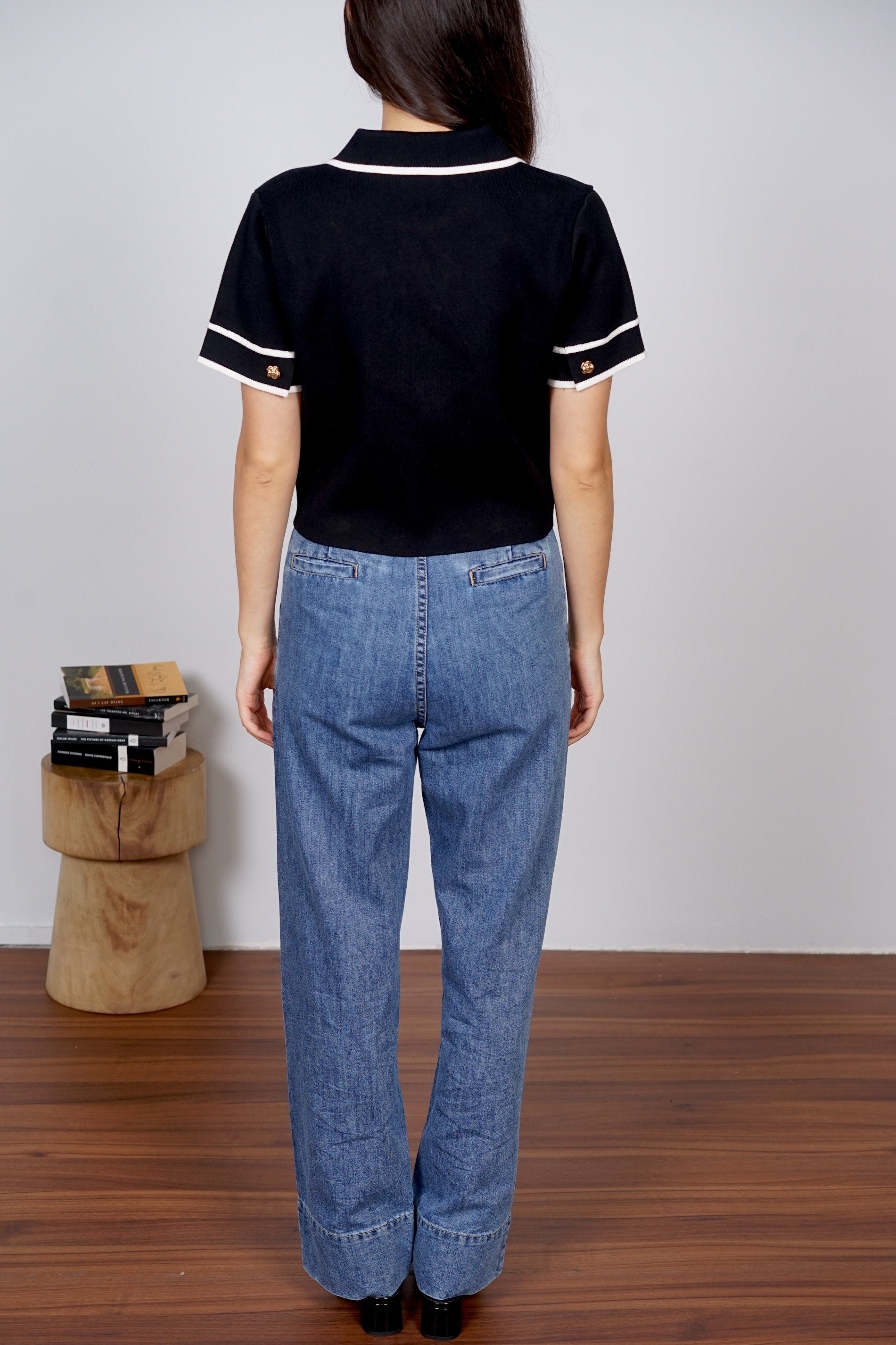 Camellia Contrast Knit Blouse in Monochrome