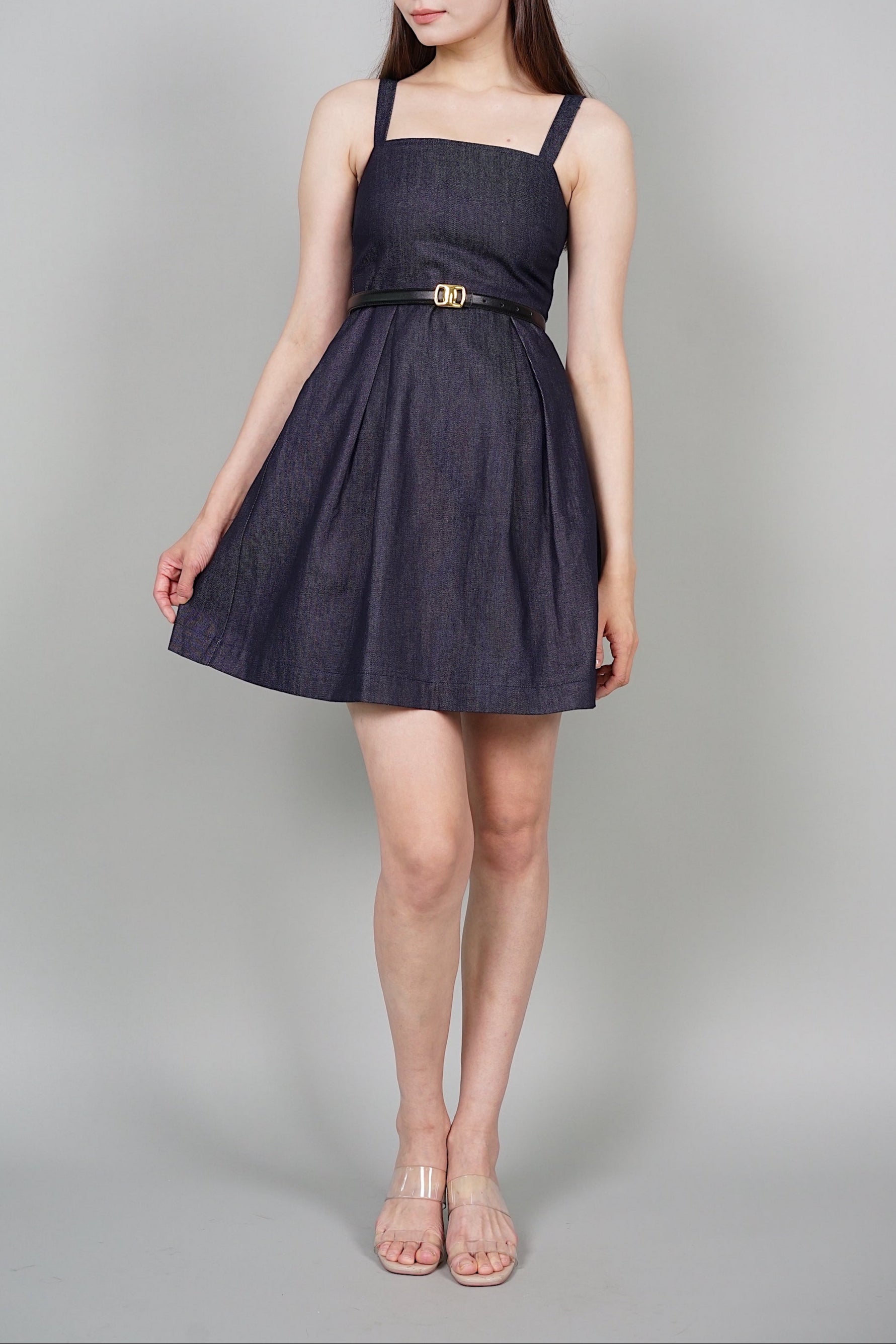 Averi Gathered Dress in Blue Denim