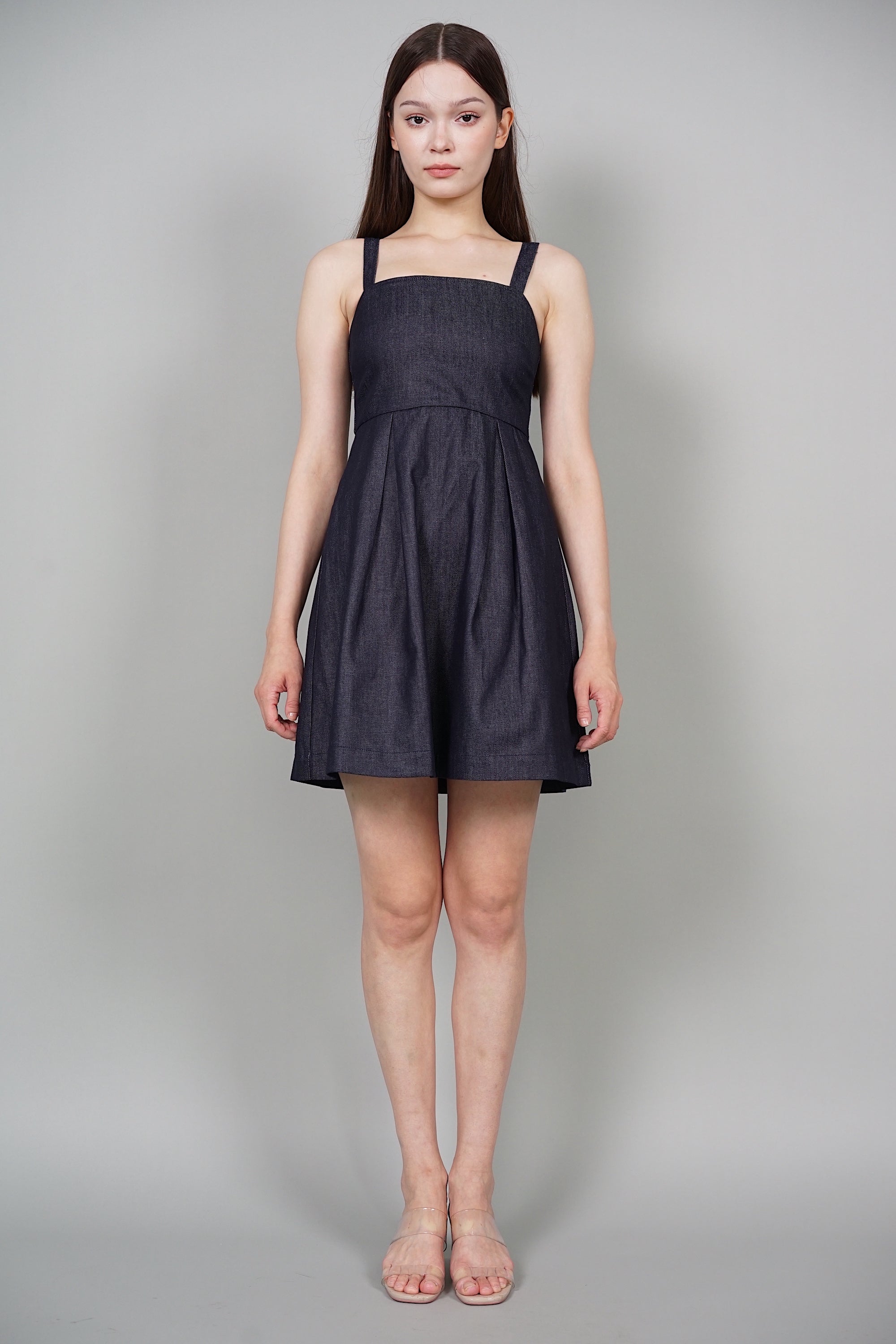 Averi Gathered Dress in Blue Denim