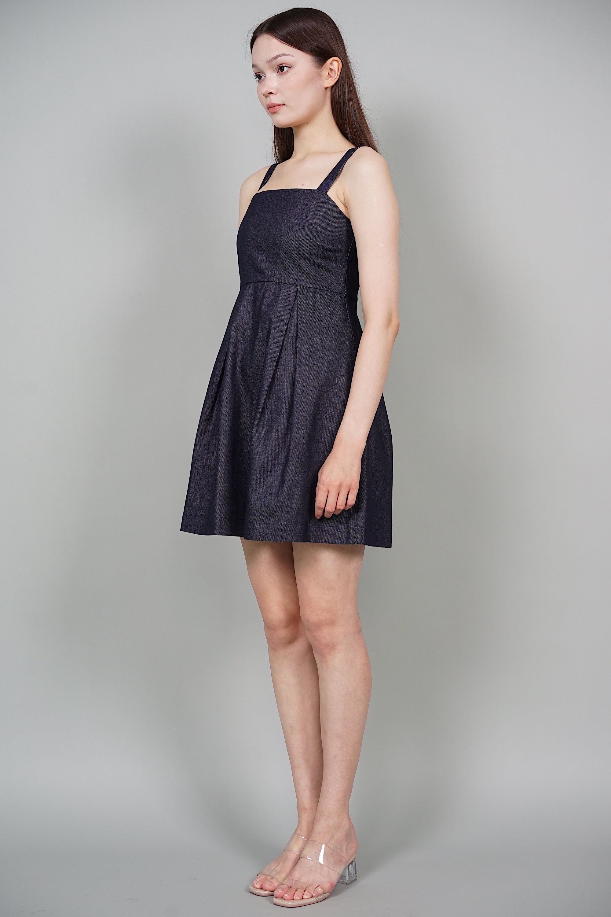 Averi Gathered Dress in Blue Denim