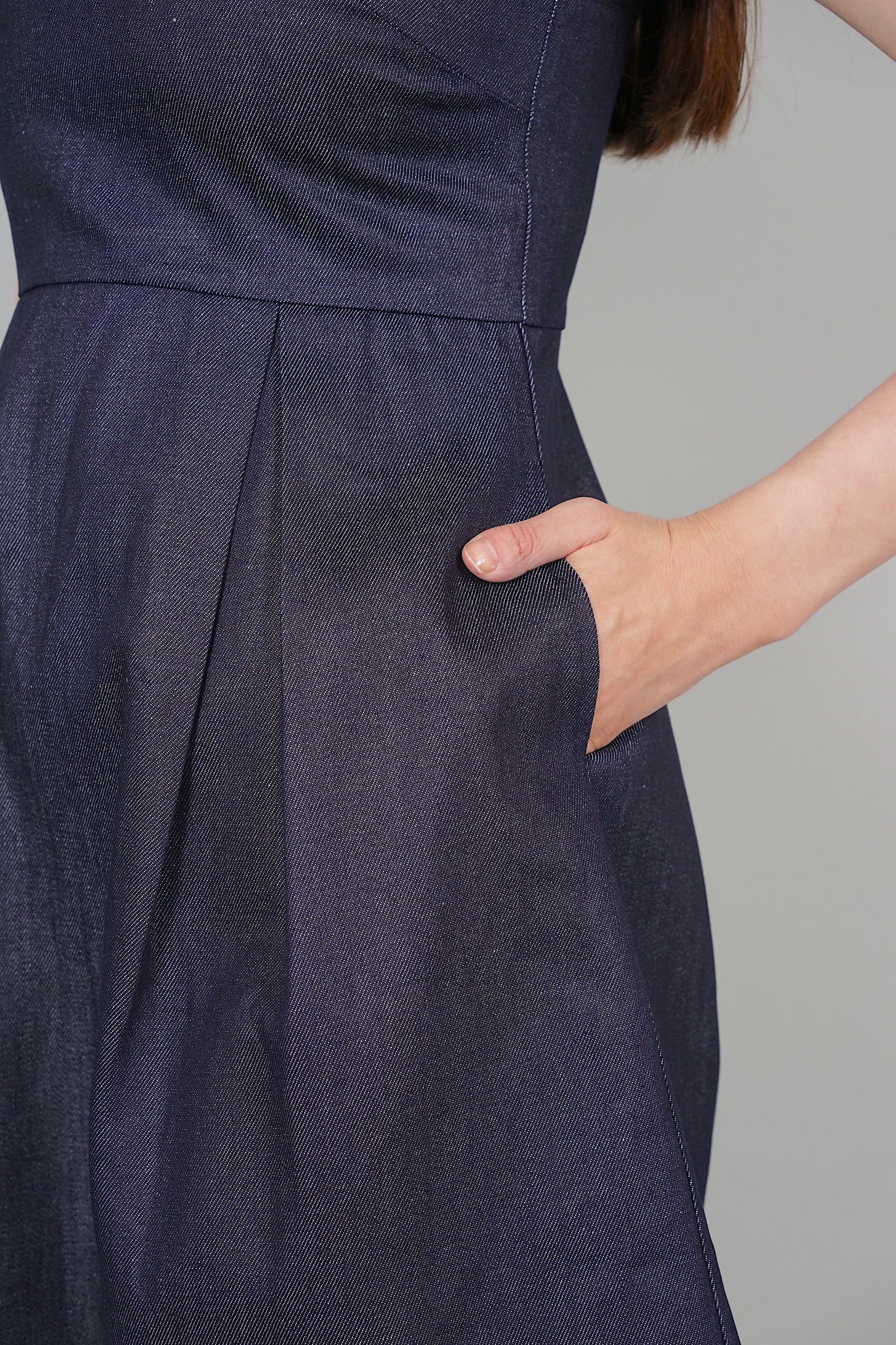 Averi Gathered Dress in Blue Denim