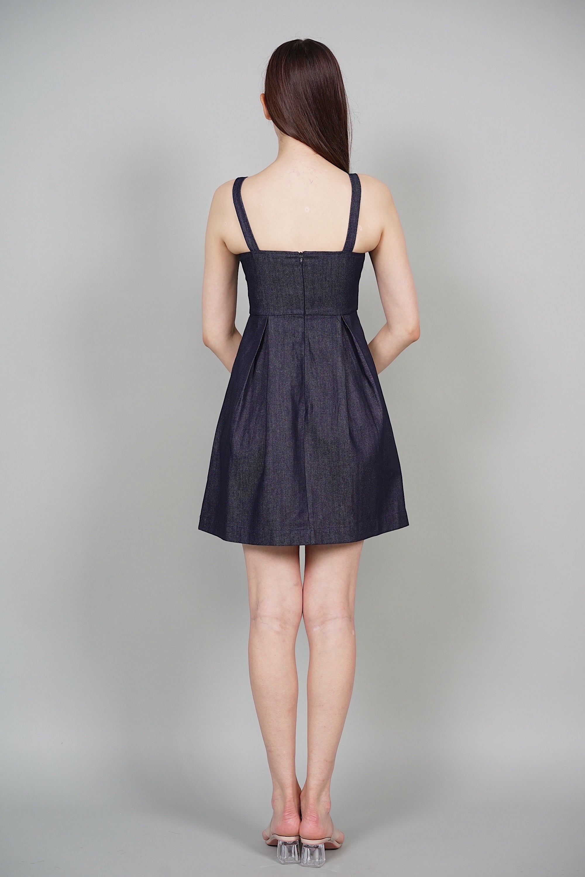 Averi Gathered Dress in Blue Denim
