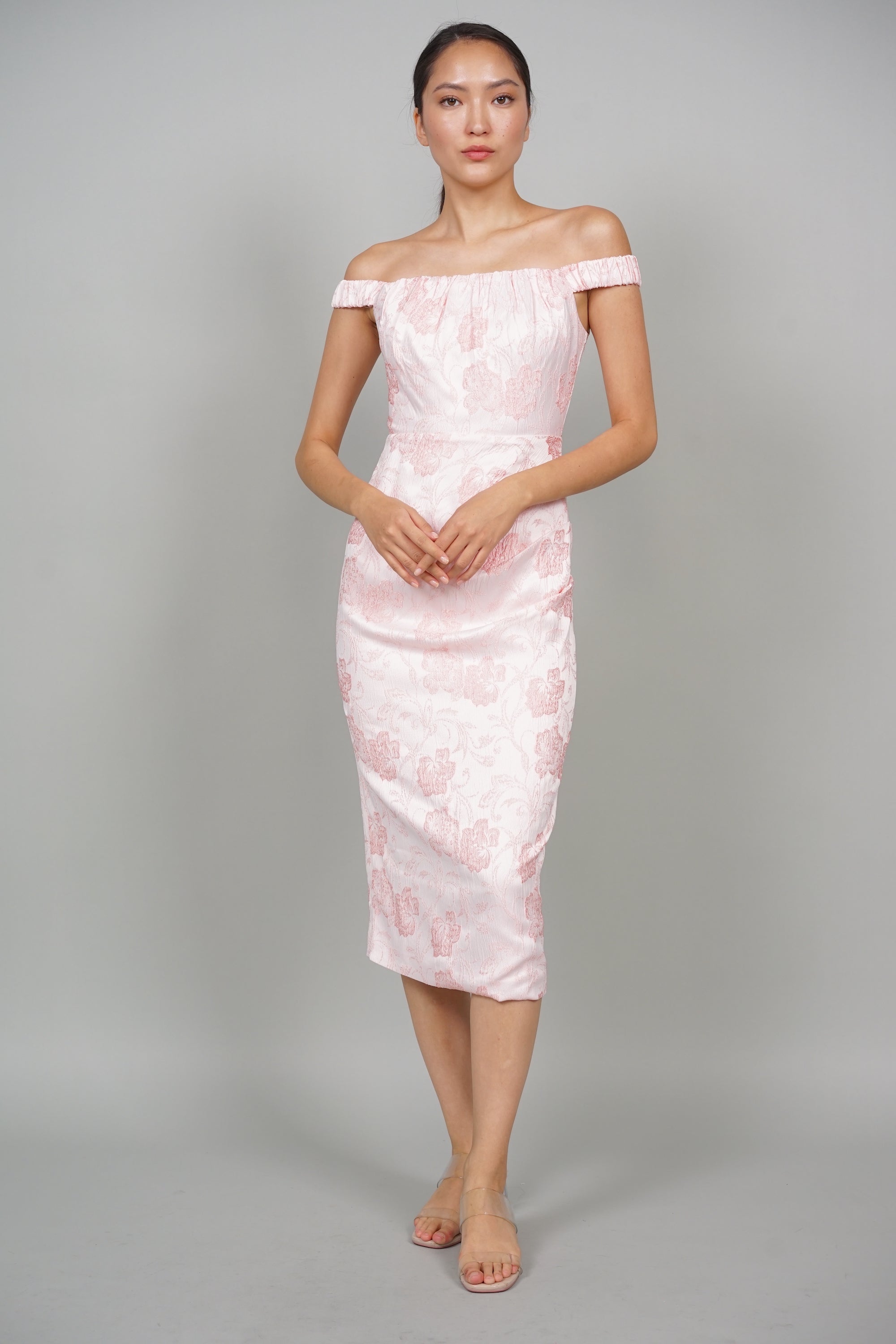Ray Off-Shoulder Midi Dress in Light Pink Floral