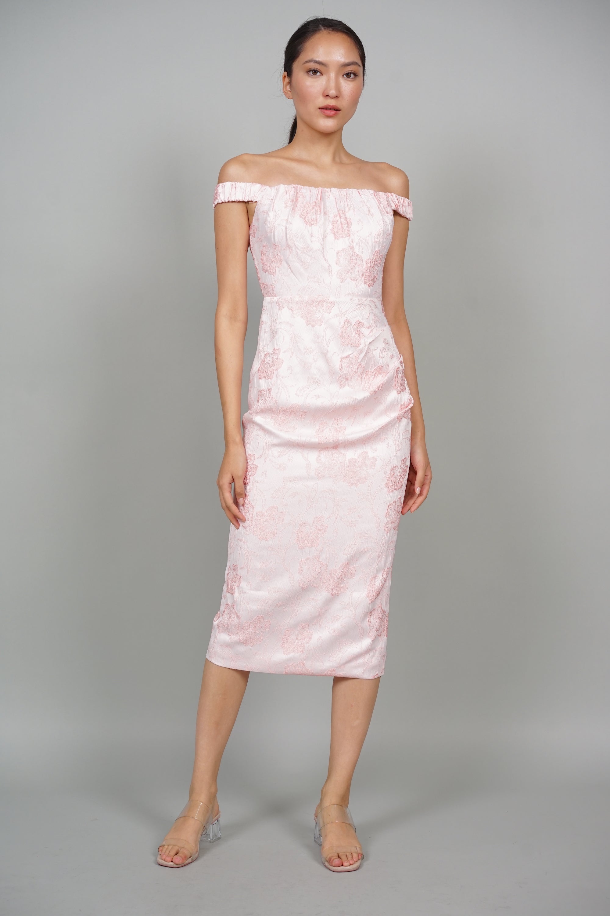 Ray Off-Shoulder Midi Dress in Light Pink Floral