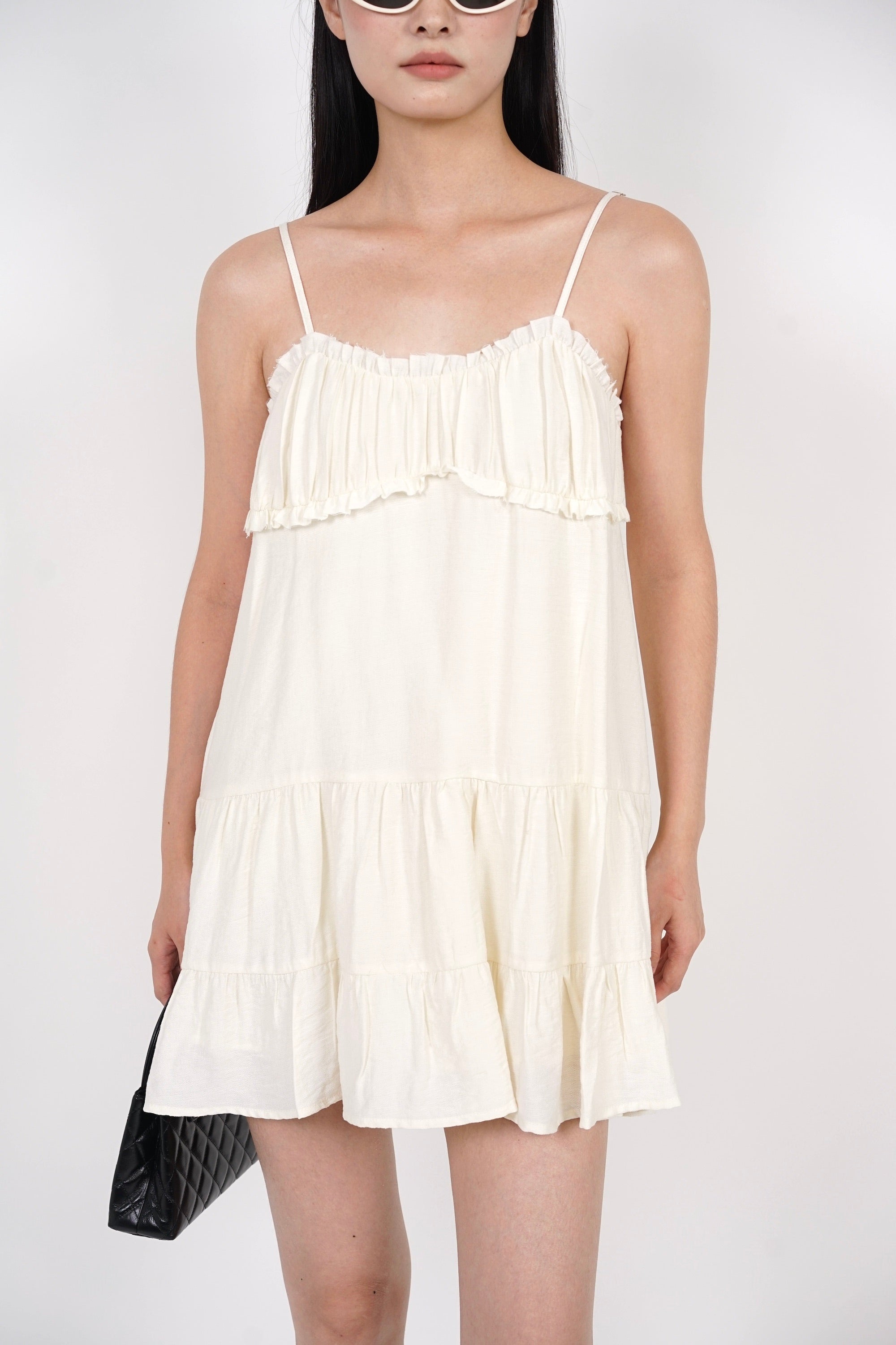 Ruched Gathered Flare Dress in White