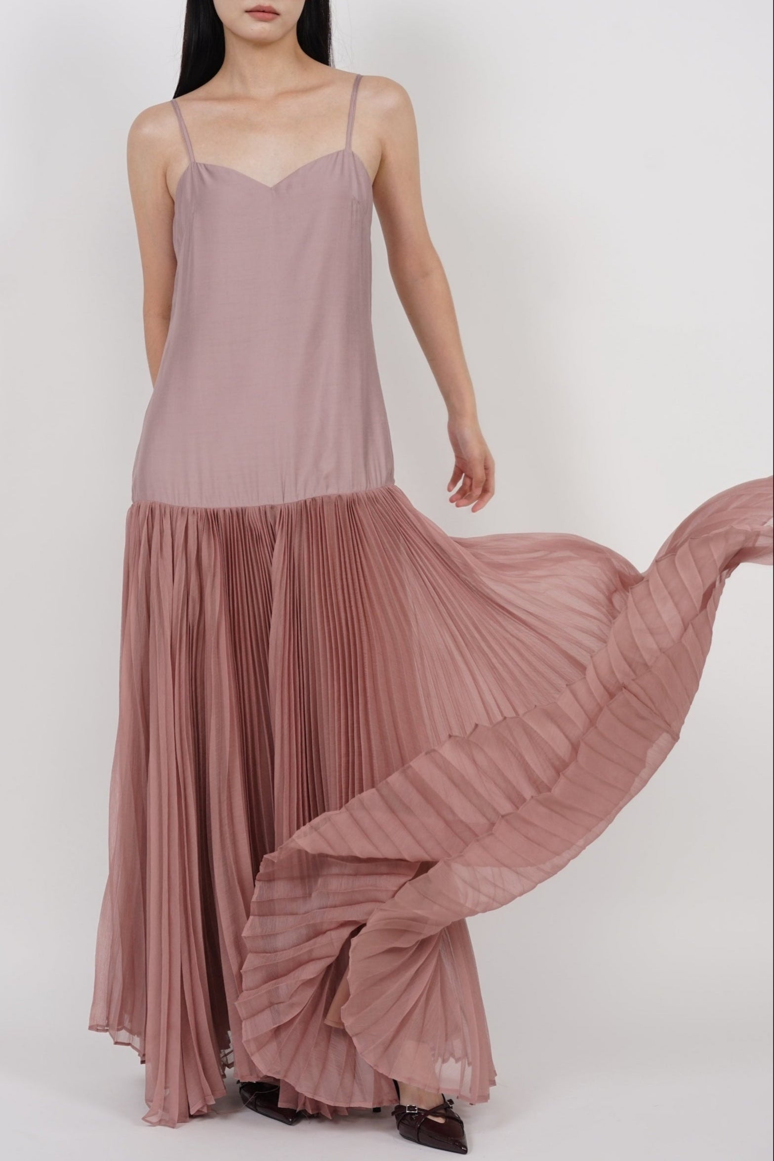 Pleated Flowy Dress in Nude Pink Pleated Flowy Dress in Nude Pink