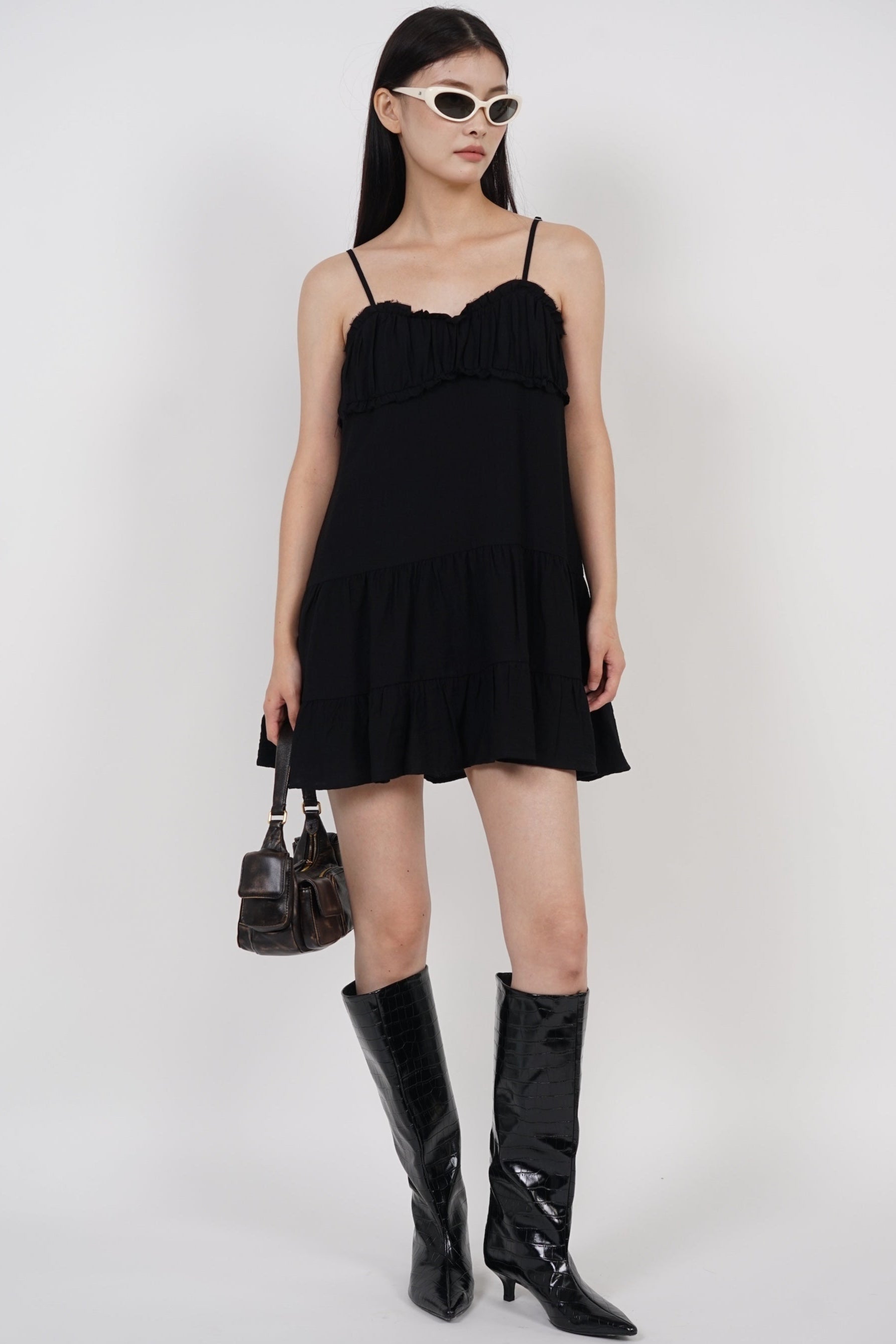 Ruched Gathered Flare Dress in Black