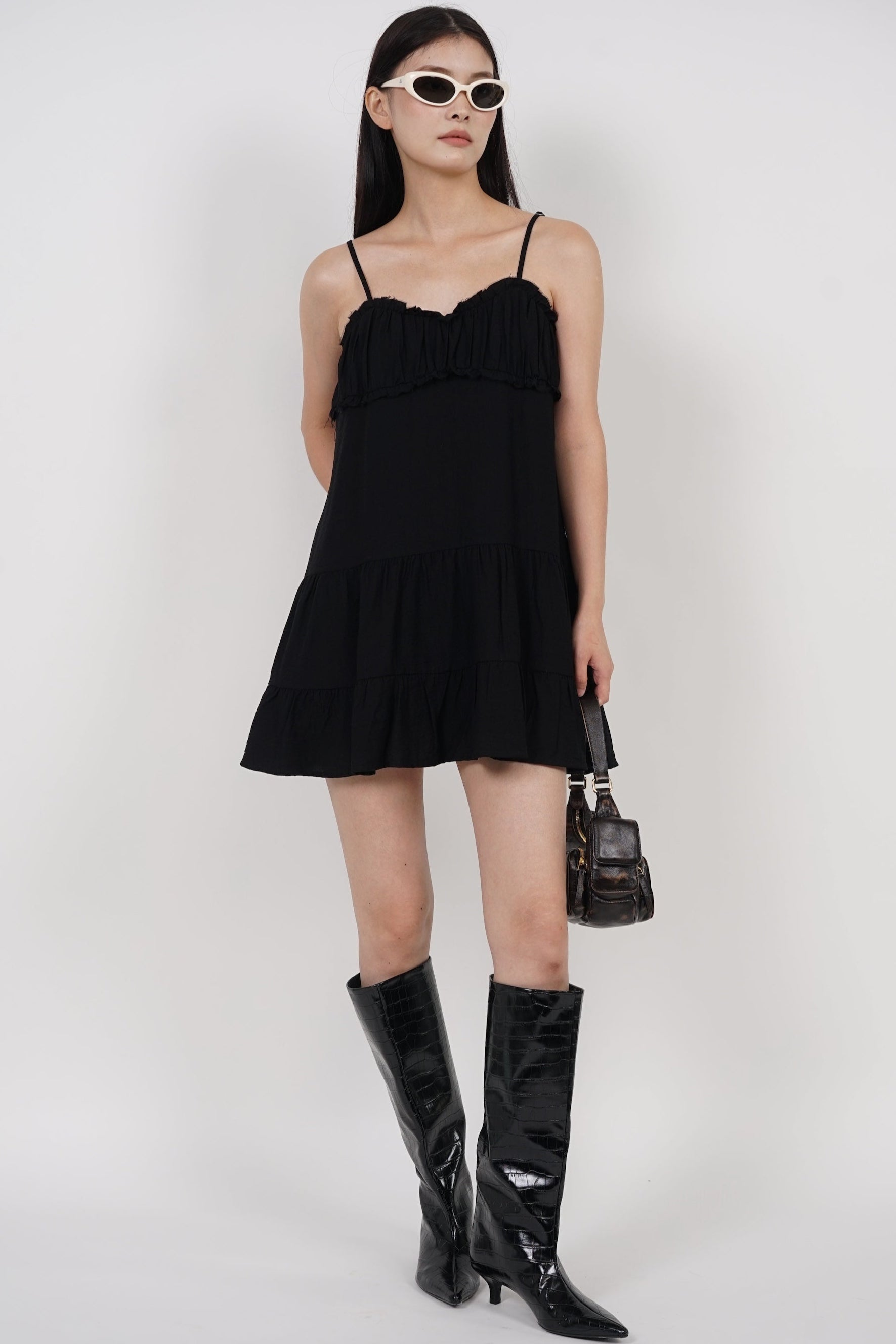 Ruched Gathered Flare Dress in Black