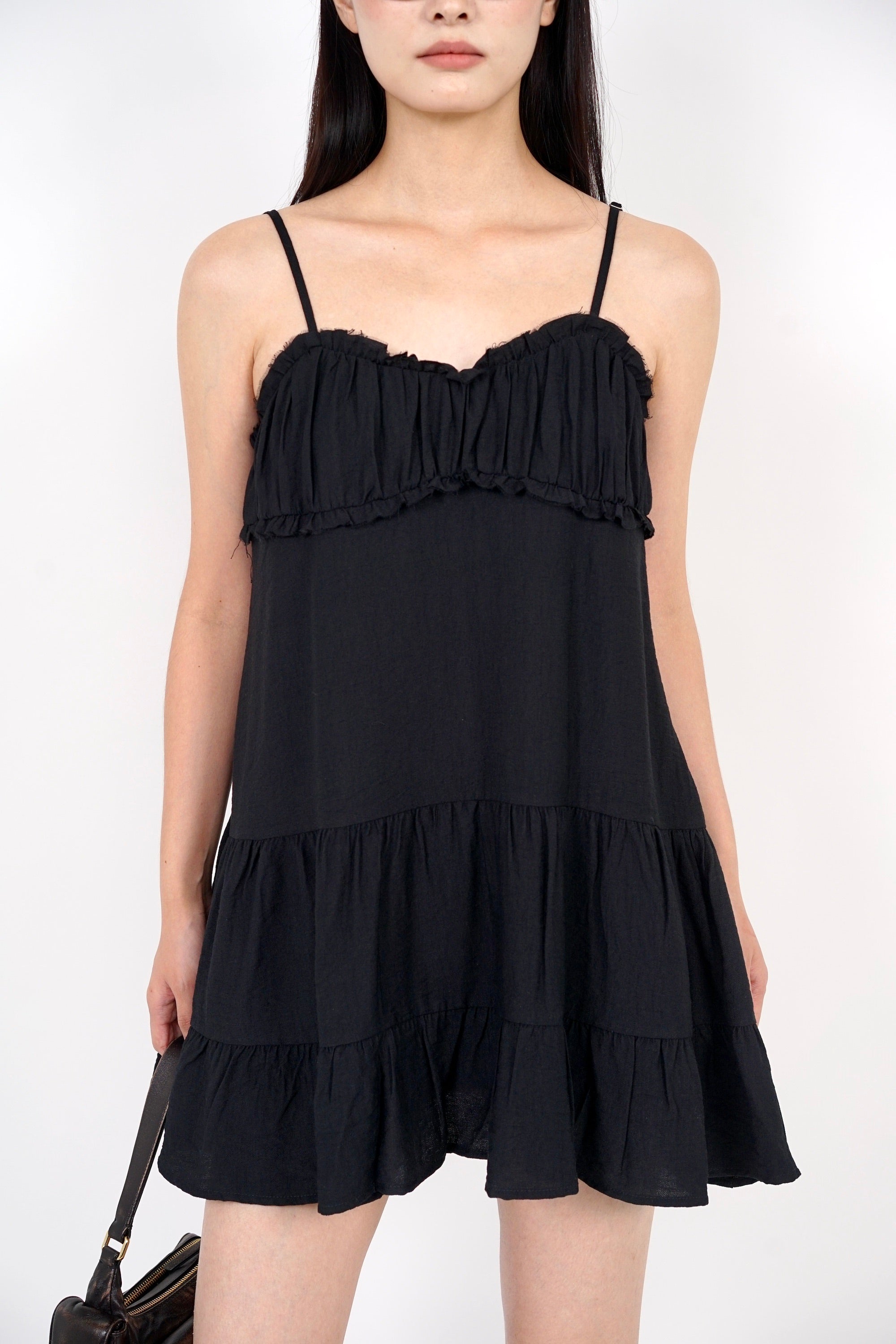 Ruched Gathered Flare Dress in Black