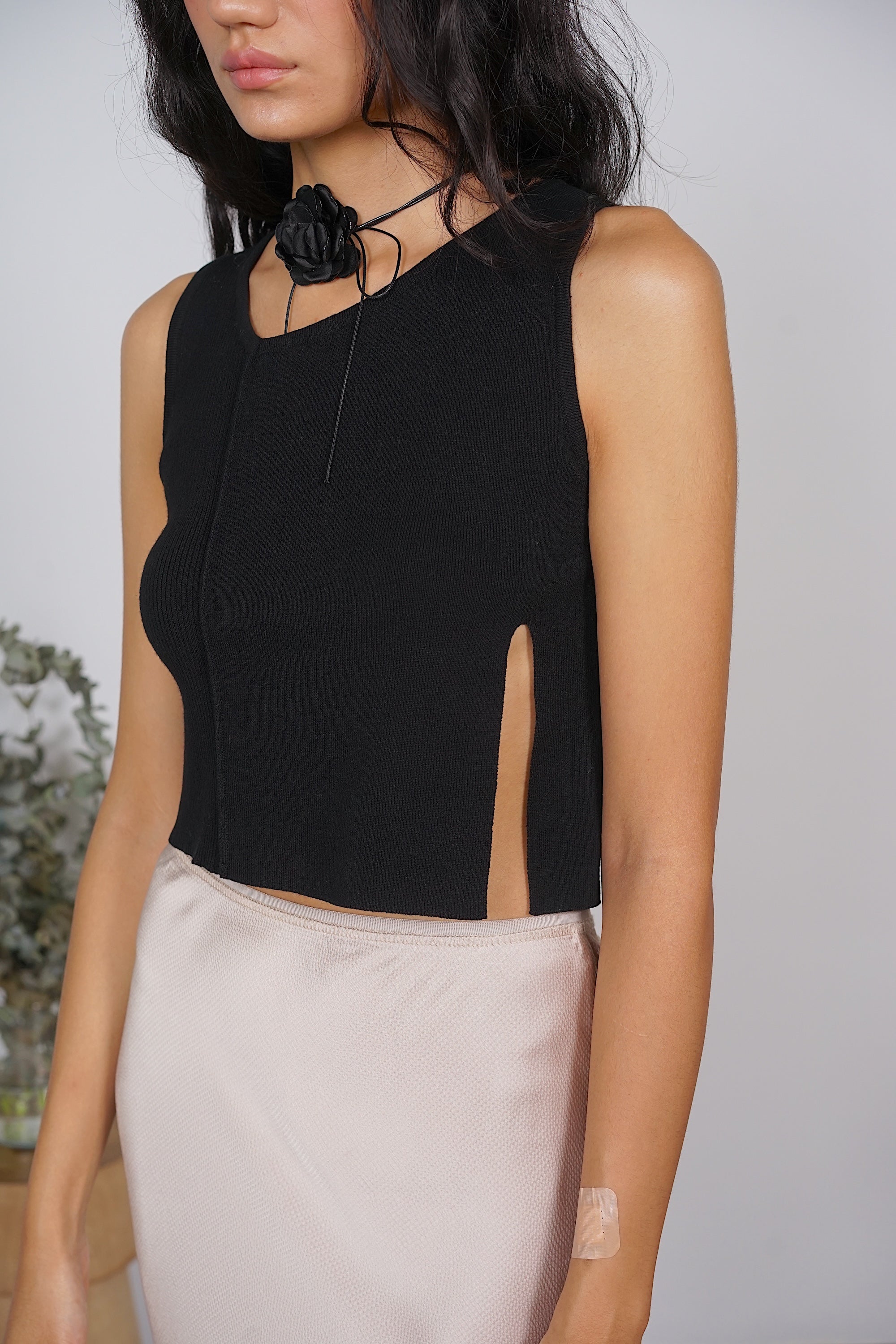 Side Slit Knit Top in Black