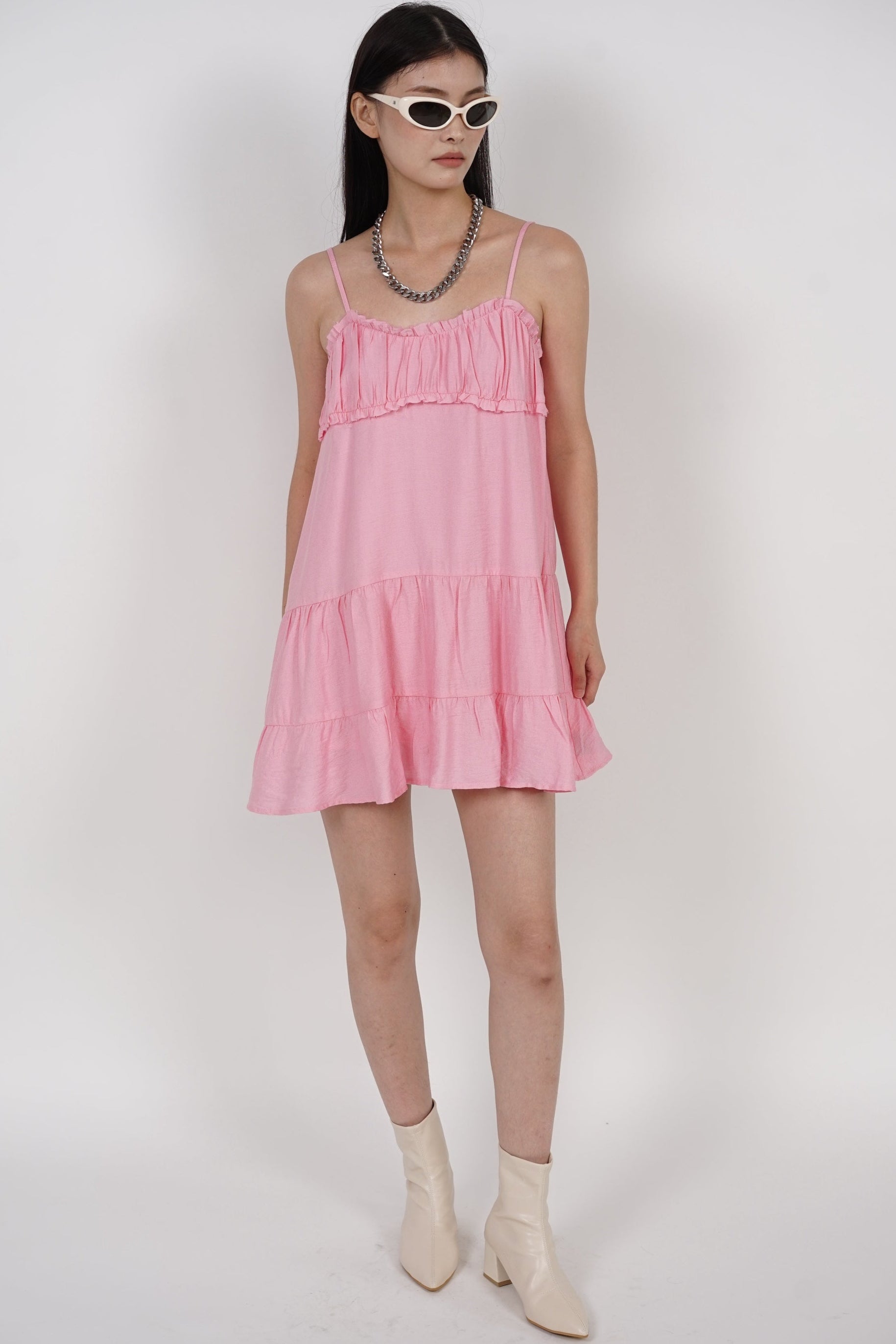 Ruched Gathered Flare Dress in Pink